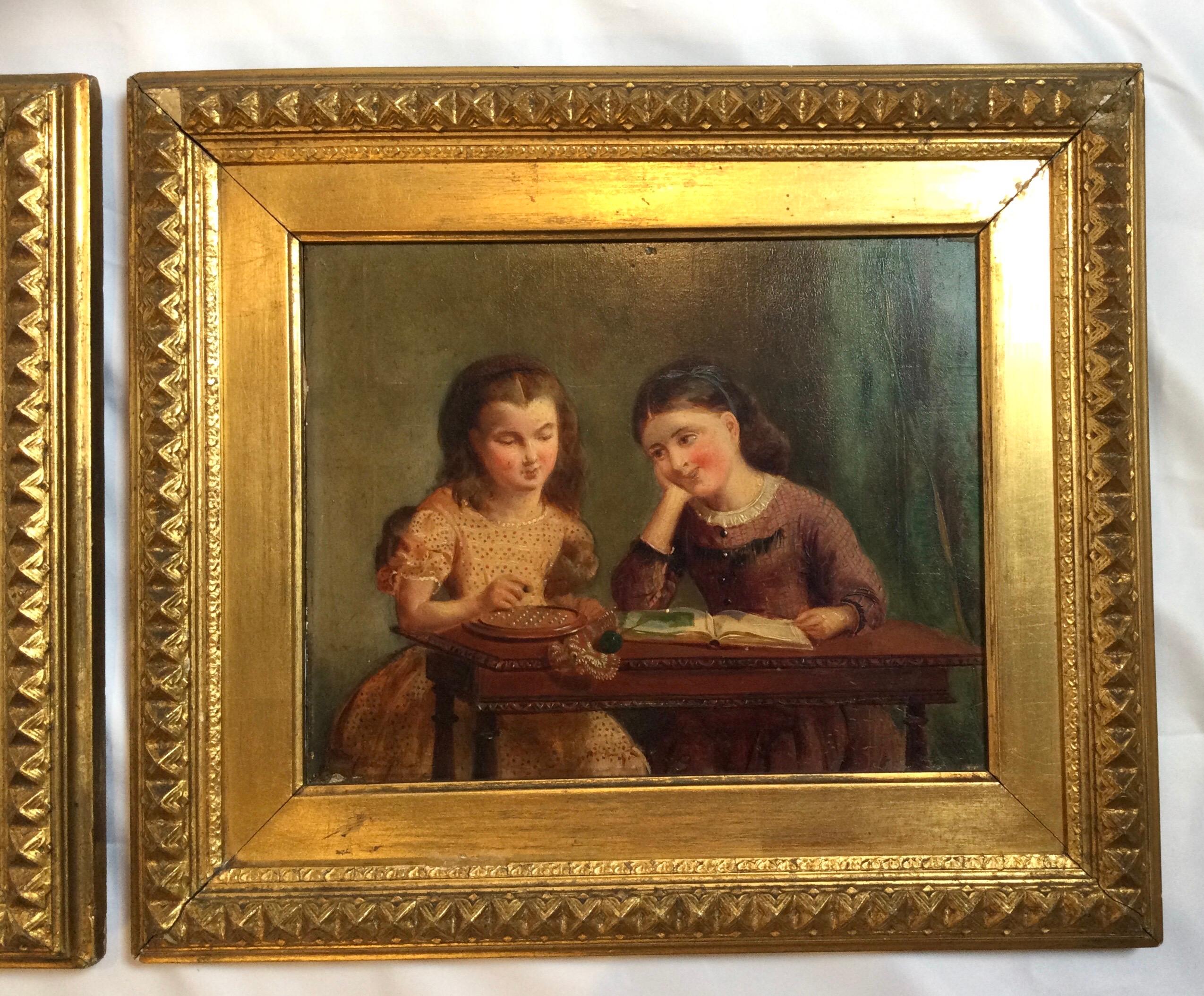 Mid-19th Century Pair of English Oil Paintings on Board, Early Frames 2