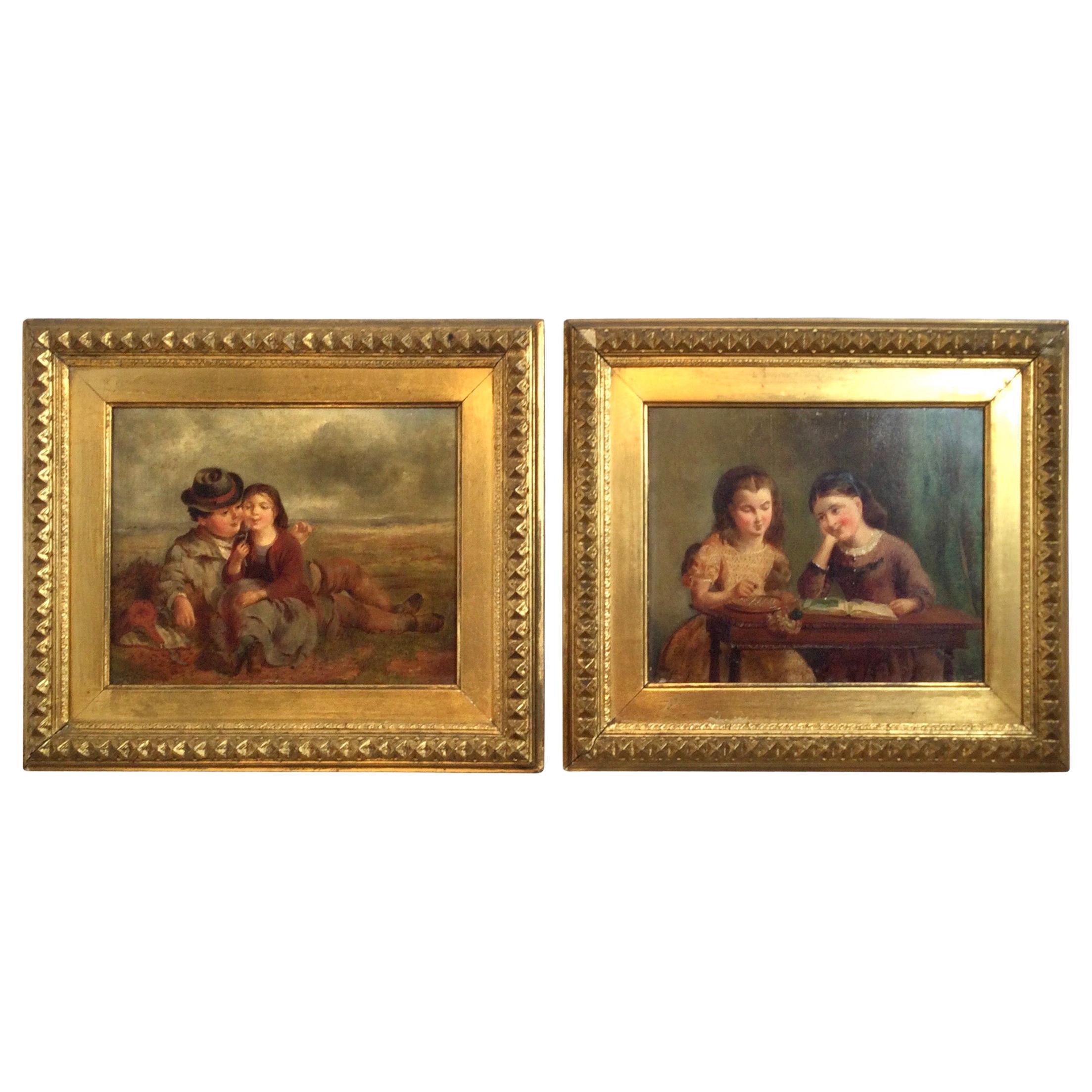 Mid-19th Century Pair of English Oil Paintings on Board, Early Frames