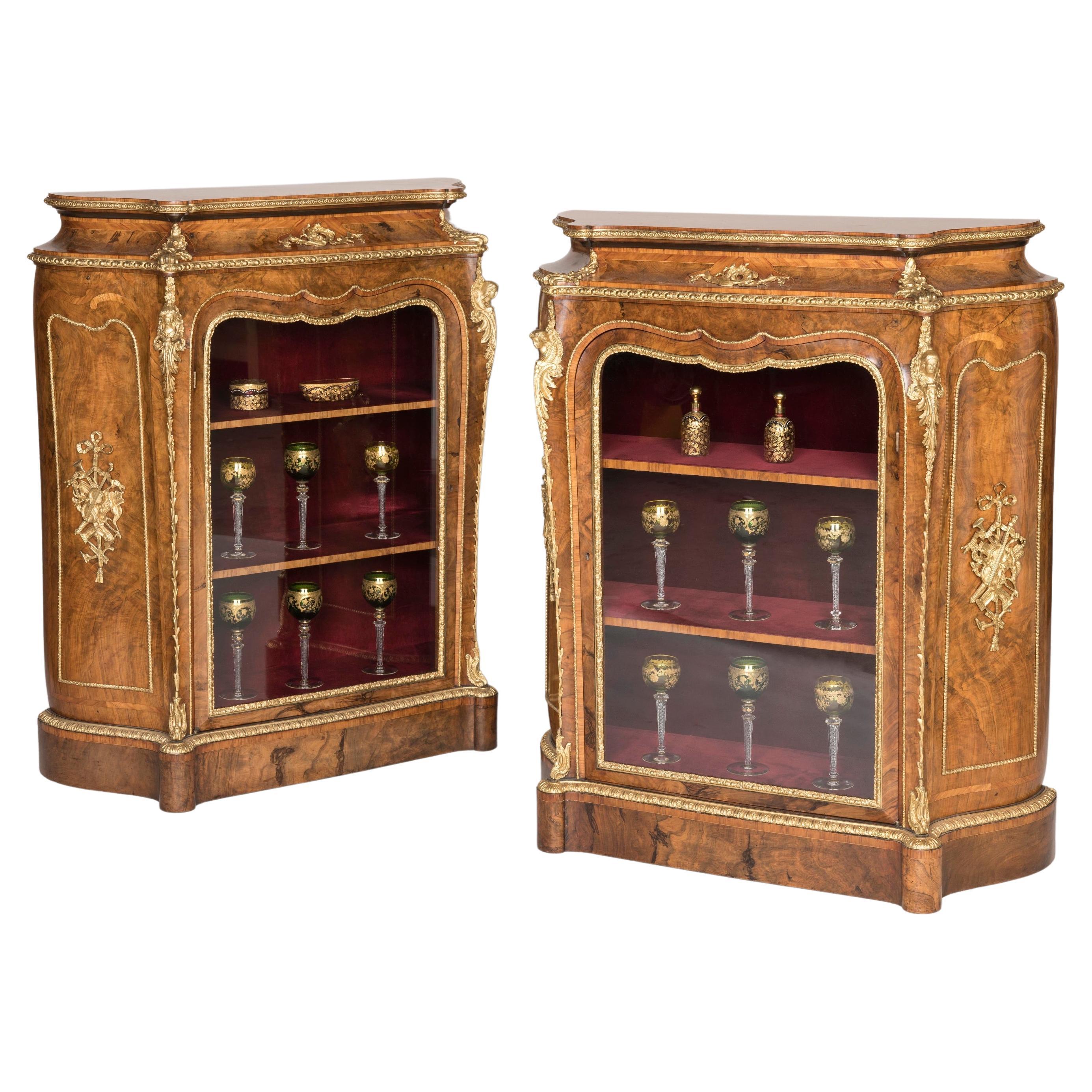 Mid-19th Century Pair of Figured Burr Walnut and Glass Panel Cabinets by Gillows