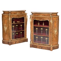 Mid-19th Century Pair of Figured Burr Walnut and Glass Panel Cabinets by Gillows