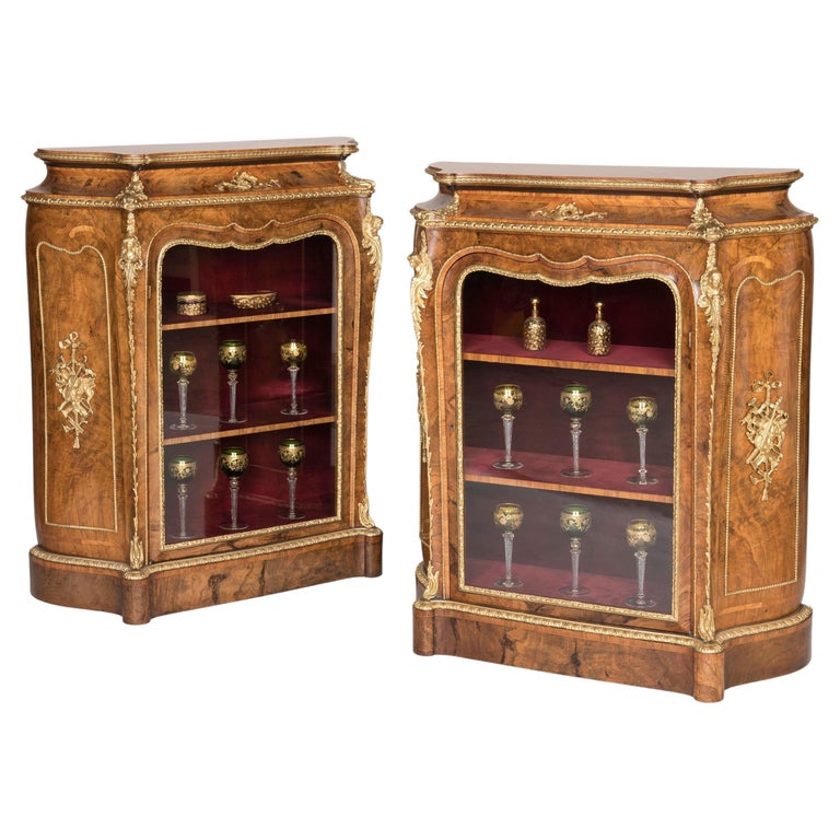 Mid-19th Century Pair of Figured Burr Walnut and Glass Panel Cabinets by Gillows For Sale