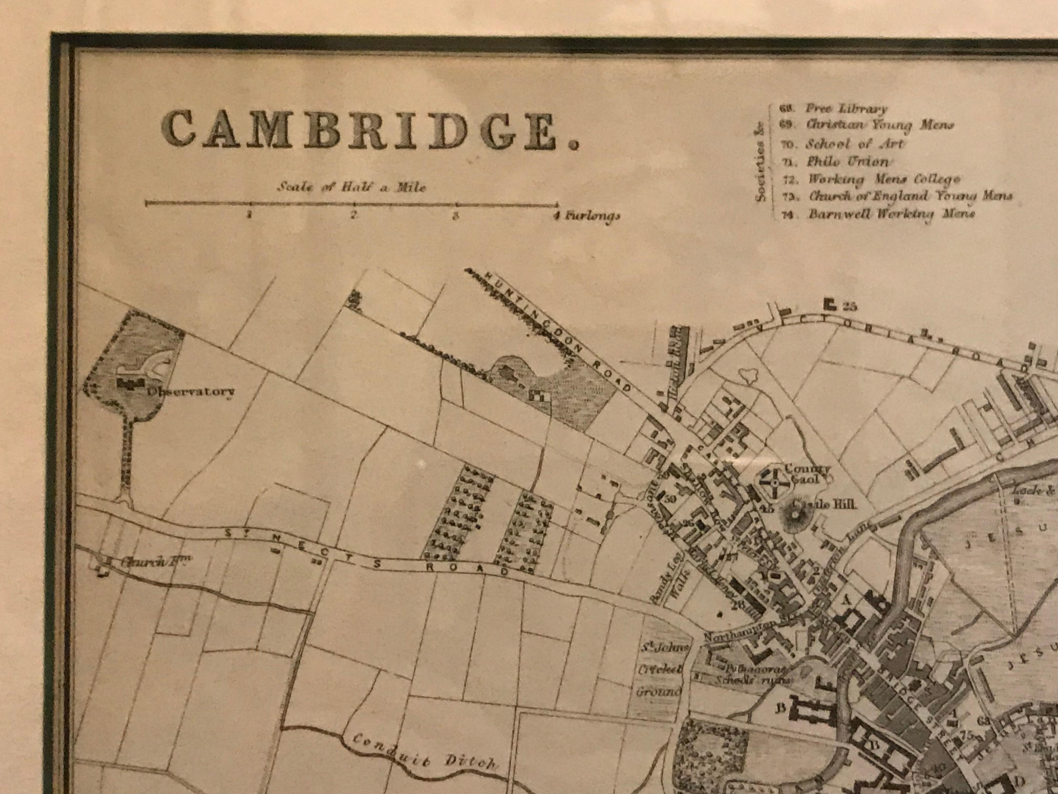 Anglais Paire de cartes anglaises encadrées du milieu du 19ème siècle représentant Oxford et Cambridge en vente