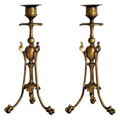 Mid-19th Century Pair of French Empire Style Gilt Bronze Candleholders