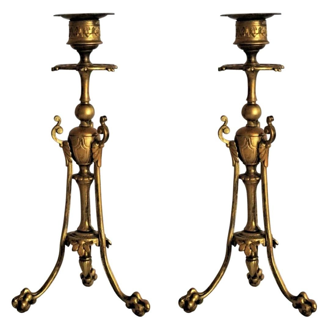 Mid-19th Century Pair of French Empire Style Gilt Bronze Candleholders