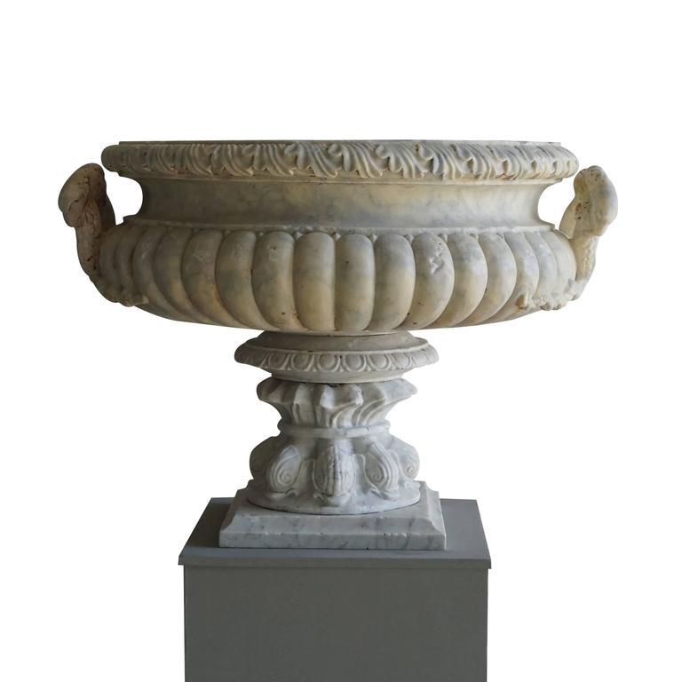 19th Century White French Antique Pair of Carrara Marble Tazza Urns In Good Condition For Sale In West Palm Beach, FL