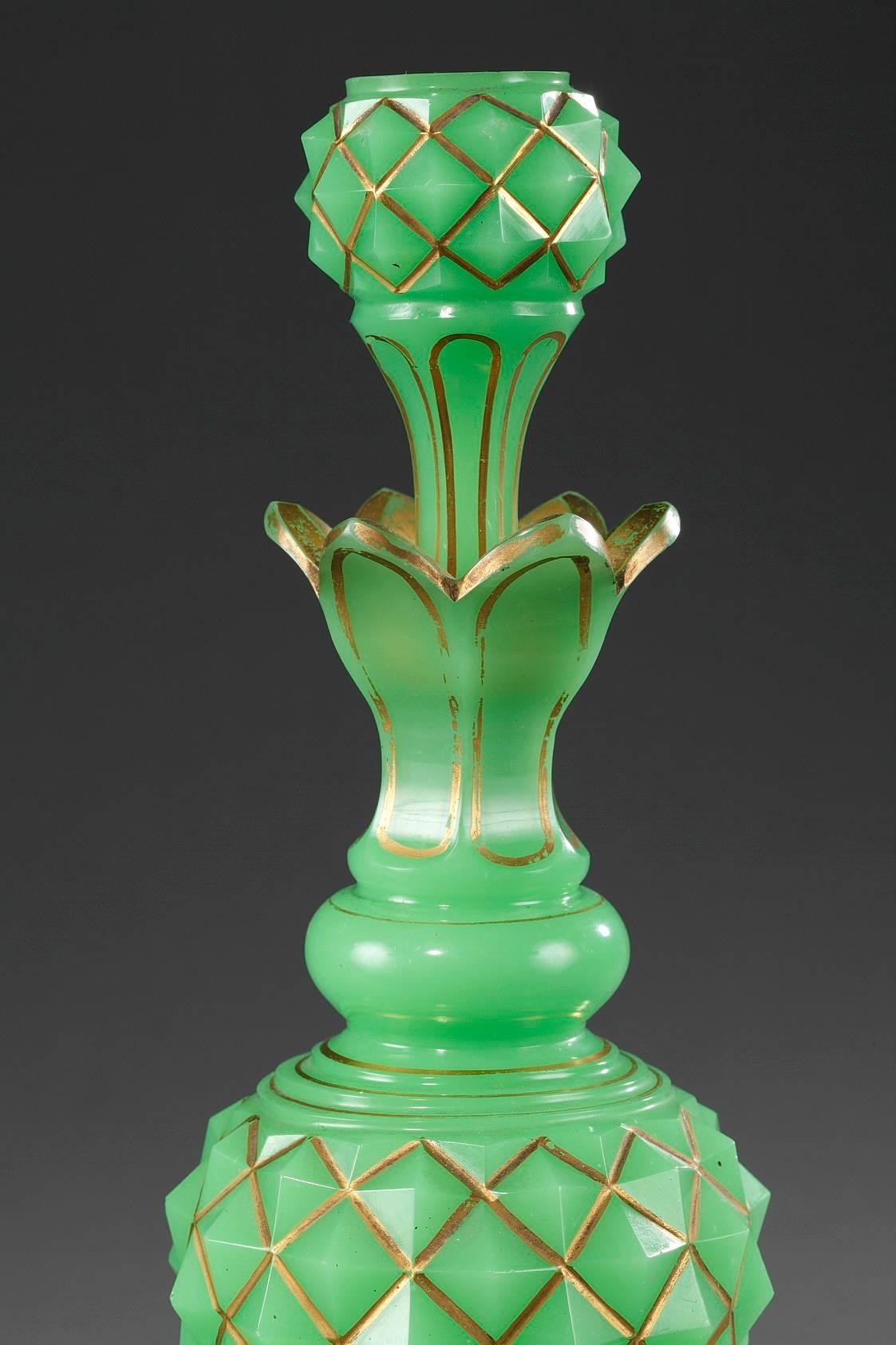 Napoleon III Mid-19th Century Pair of Green Opaline Flasks For Sale