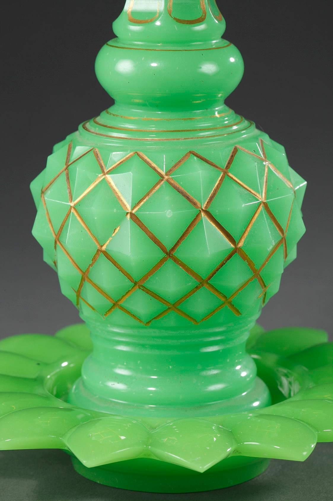 Opaline Glass Mid-19th Century Pair of Green Opaline Flasks For Sale