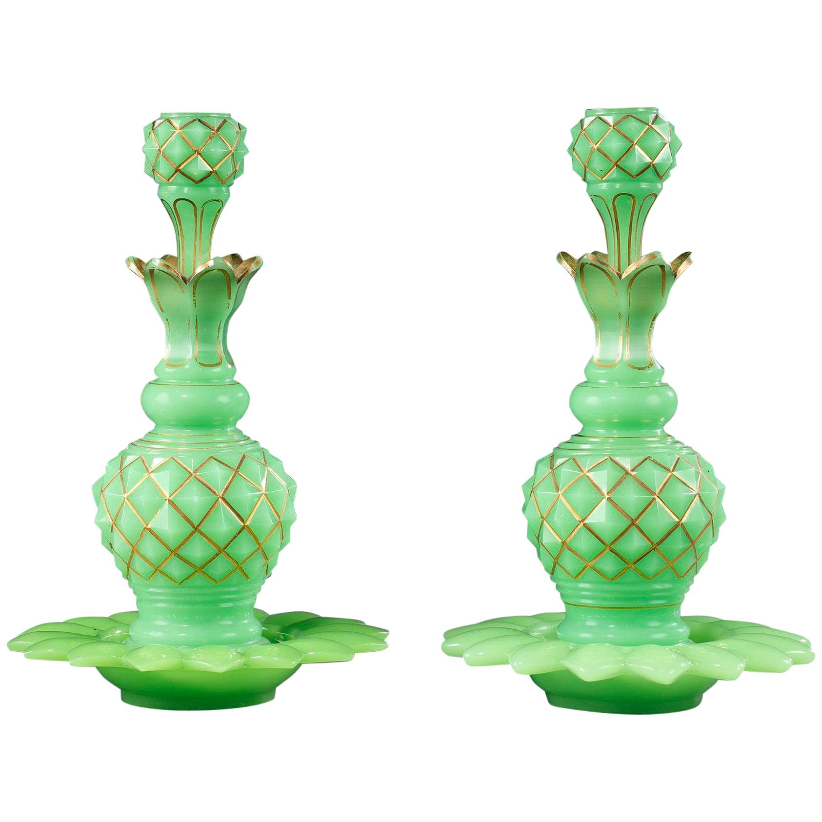 Mid-19th Century Pair of Green Opaline Flasks For Sale