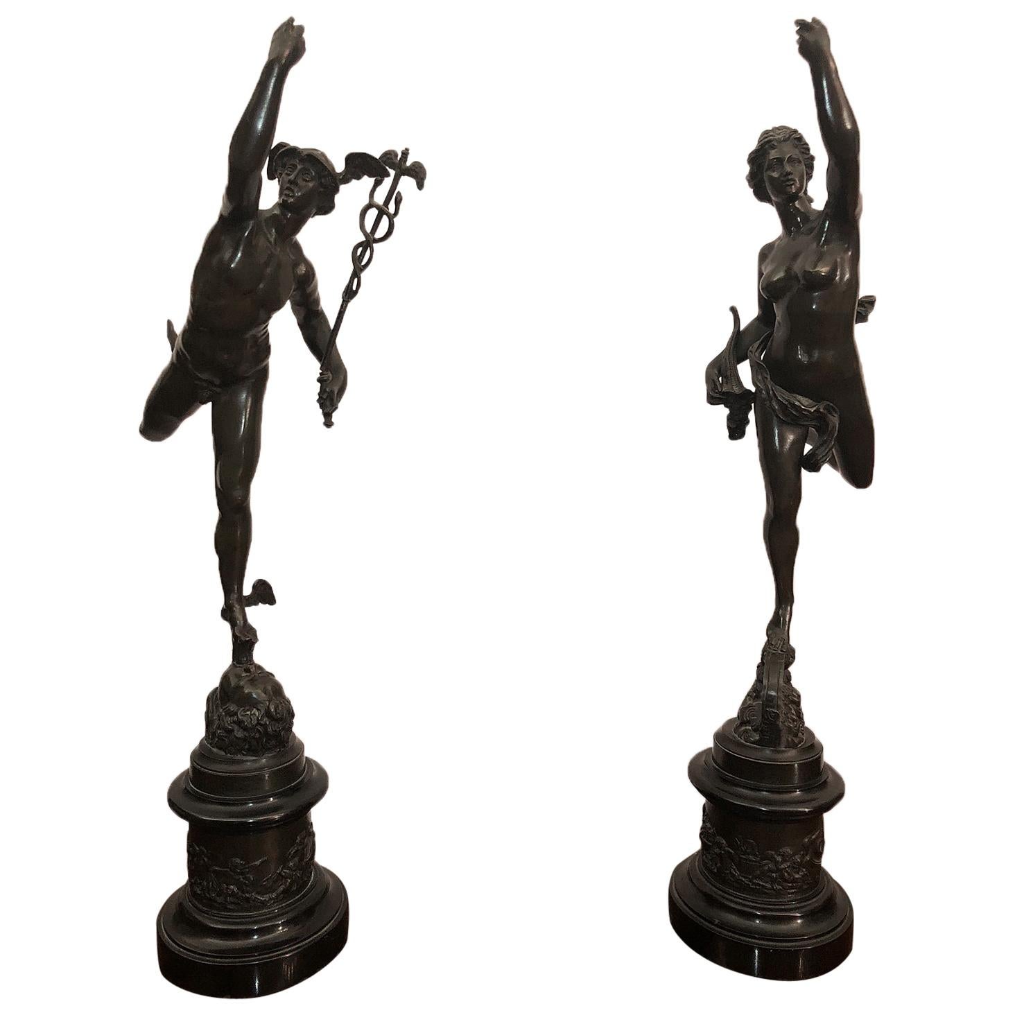 Mid-19th Century Pair of Italian Bronze Sculptures Mercury and Fortune For Sale