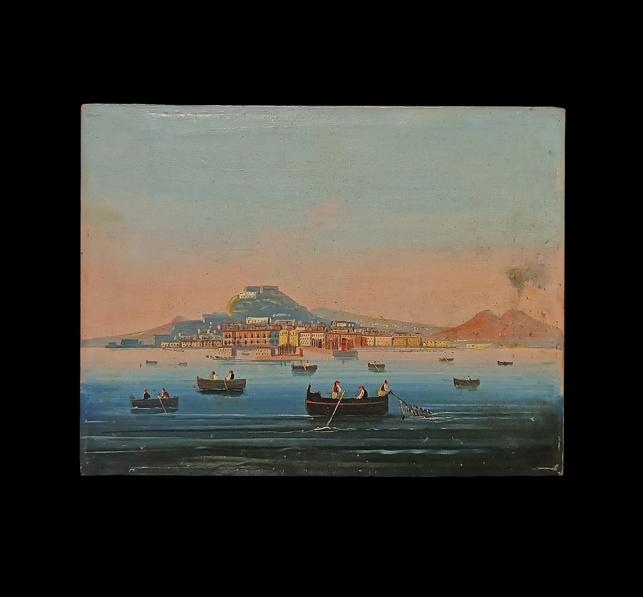 Pair of oil paintings on canvas depicting the Gulf of Naples. In the background, at sunset, we can glimpse architecture and the erupting Vesuvius, while in the foreground is the sea with boats and fishermen busy fishing. The warm colors used lend