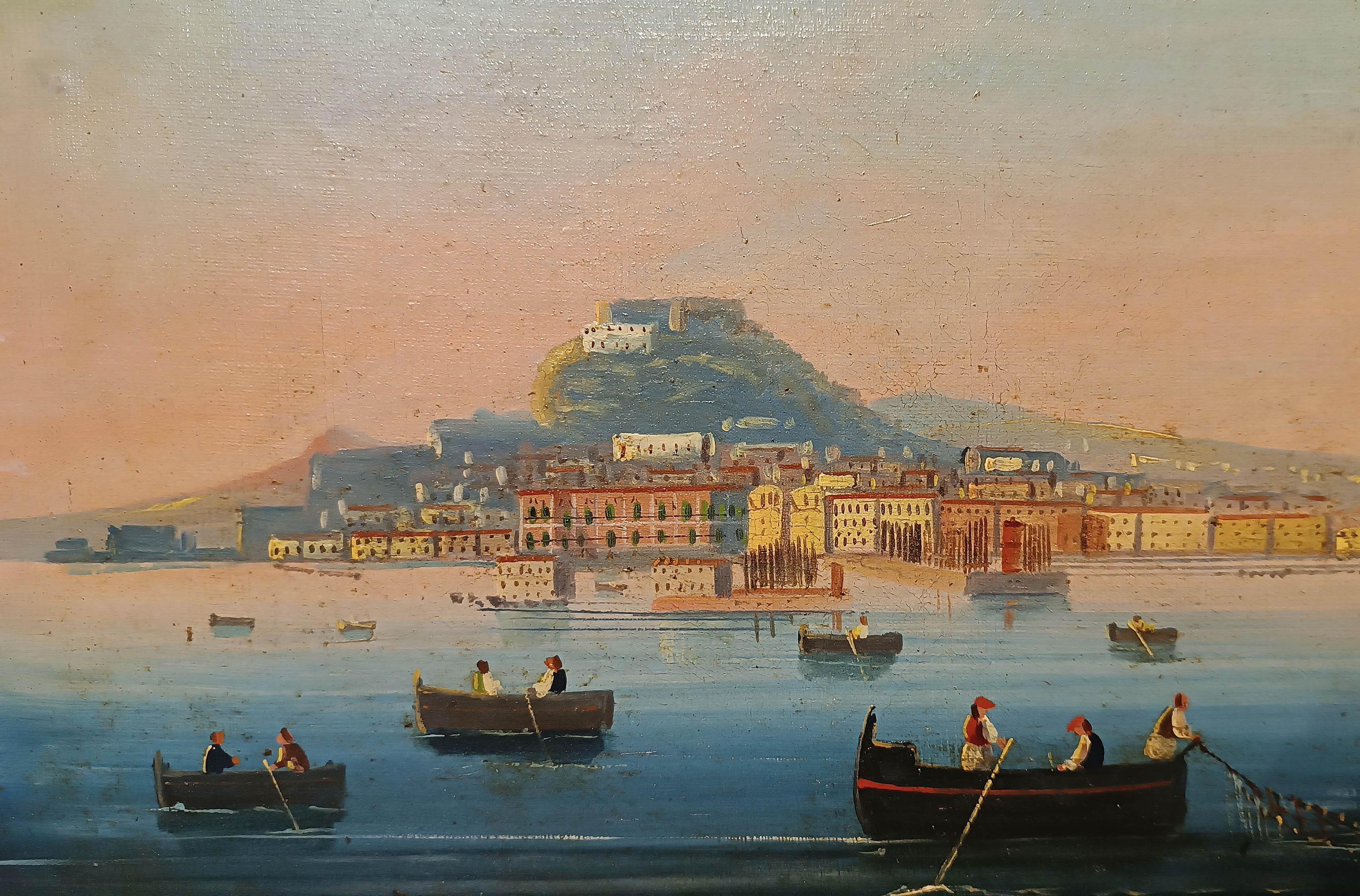 A olio MID-19th CENTURY PAIR OF PAINTINGS OF THE GULF OF NAPLES in vendita