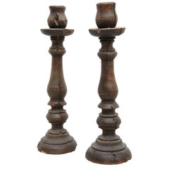 Mid-19th Century Pair of Popular Traditional Rustic Wood Candlesticks