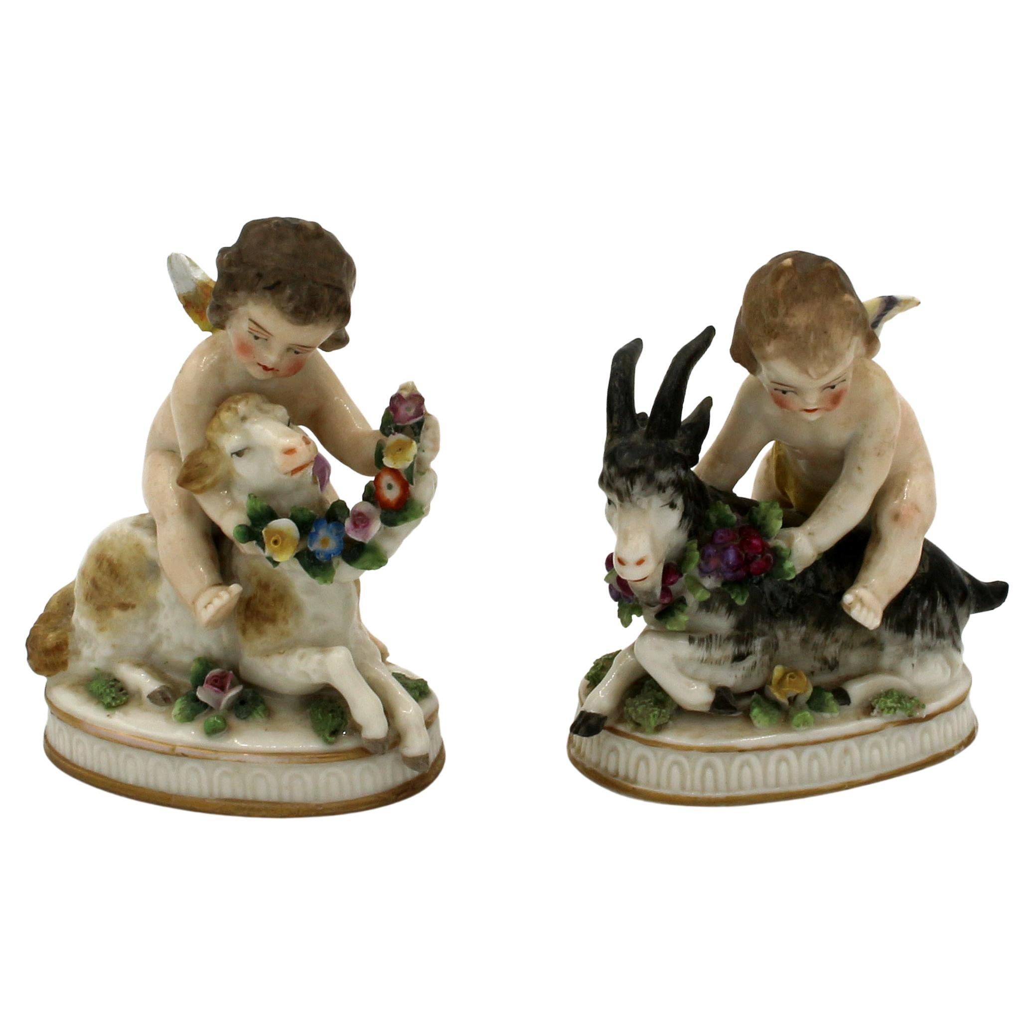 Mid 19th Century Pair of Putti Astride Recumbent Lamb and Goat