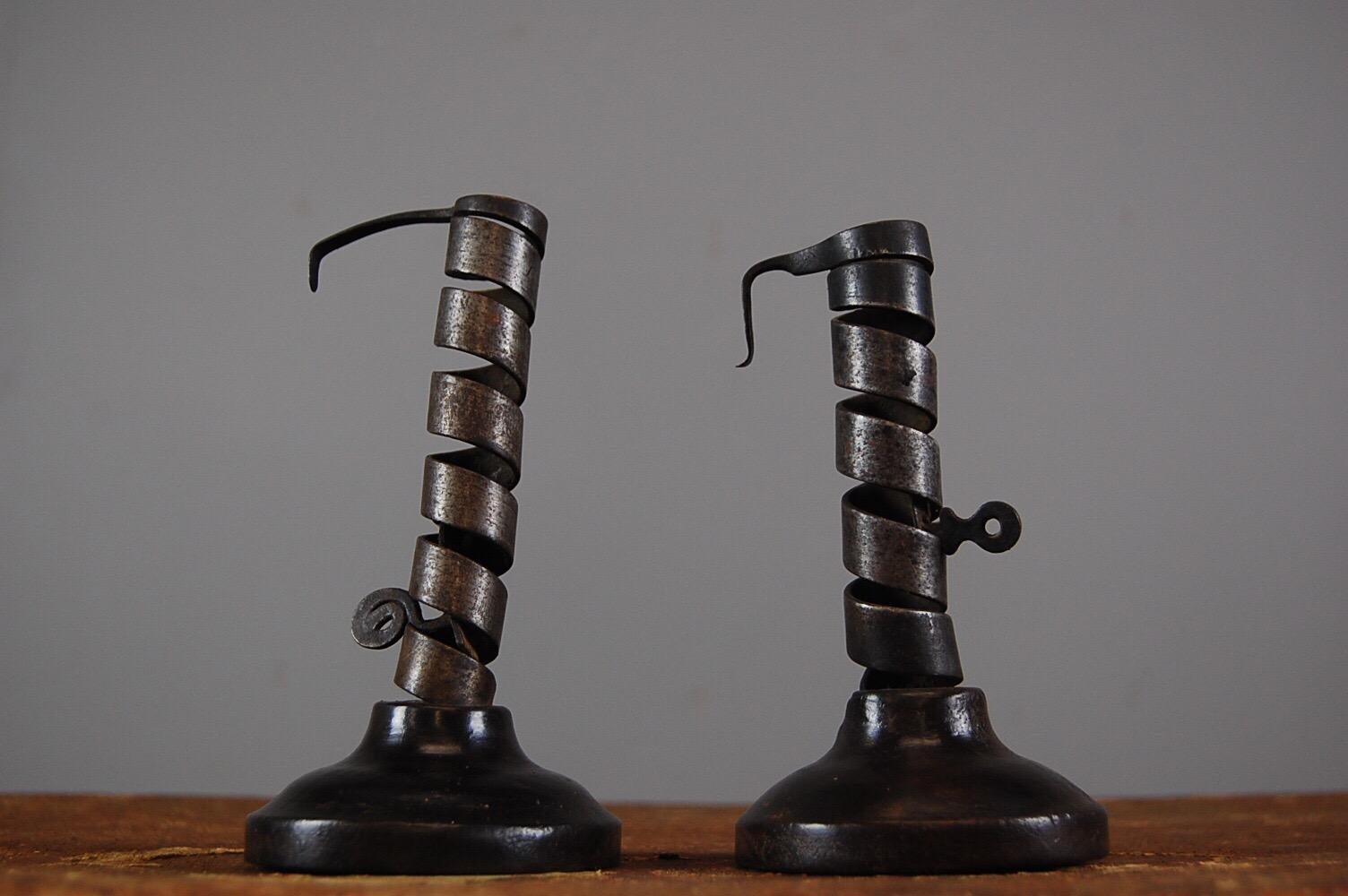 Iron Mid-19th Century Pair of Rat Du Cave Spiral Candlesticks