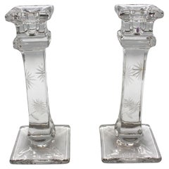 Antique Mid-19th Century Pair of "Thistle" Clear Flint Glass Candlesticks