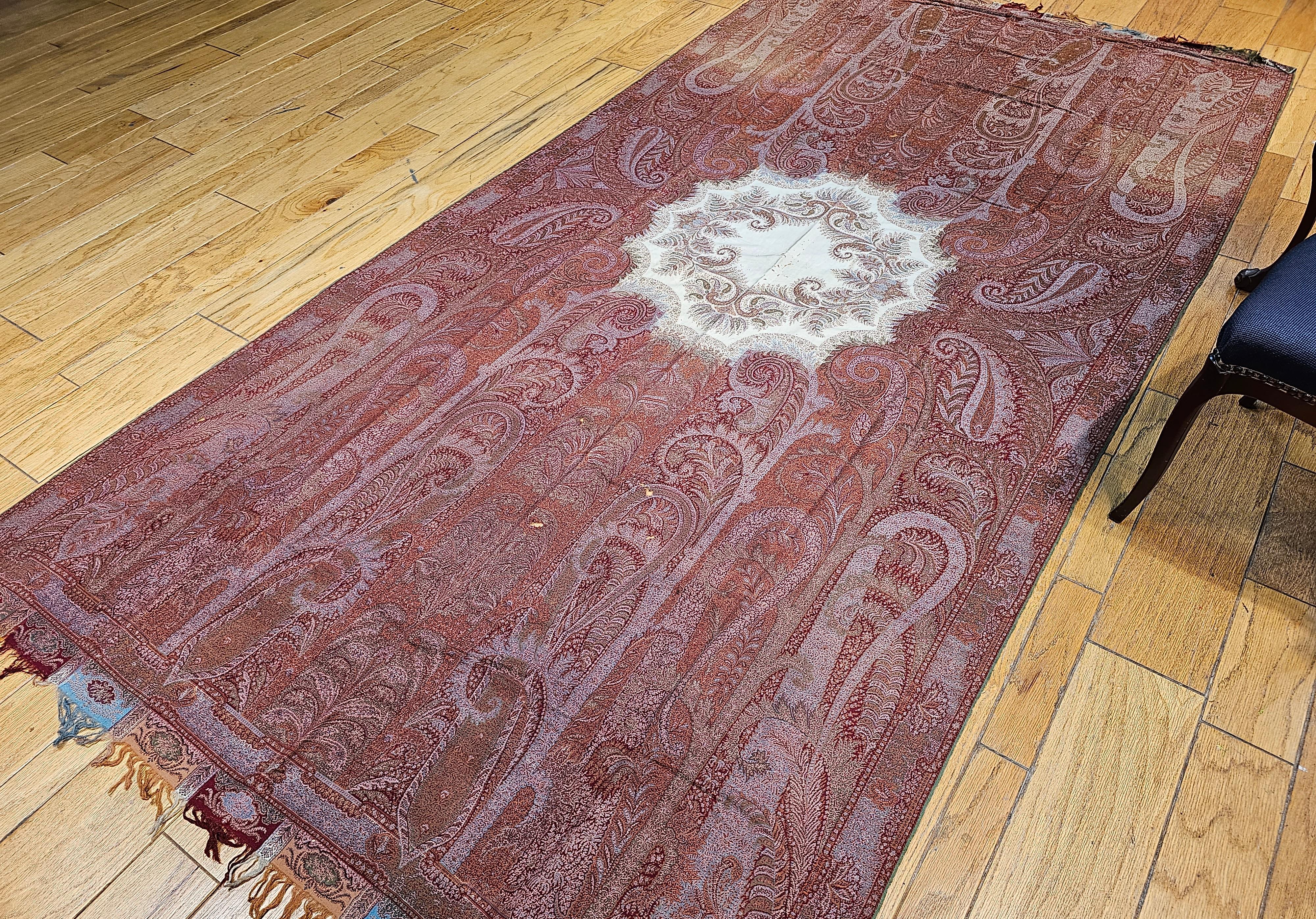 Mid 19th Century Paisley Shawl in Red, Ivory, Black, Green. Orange For Sale 9