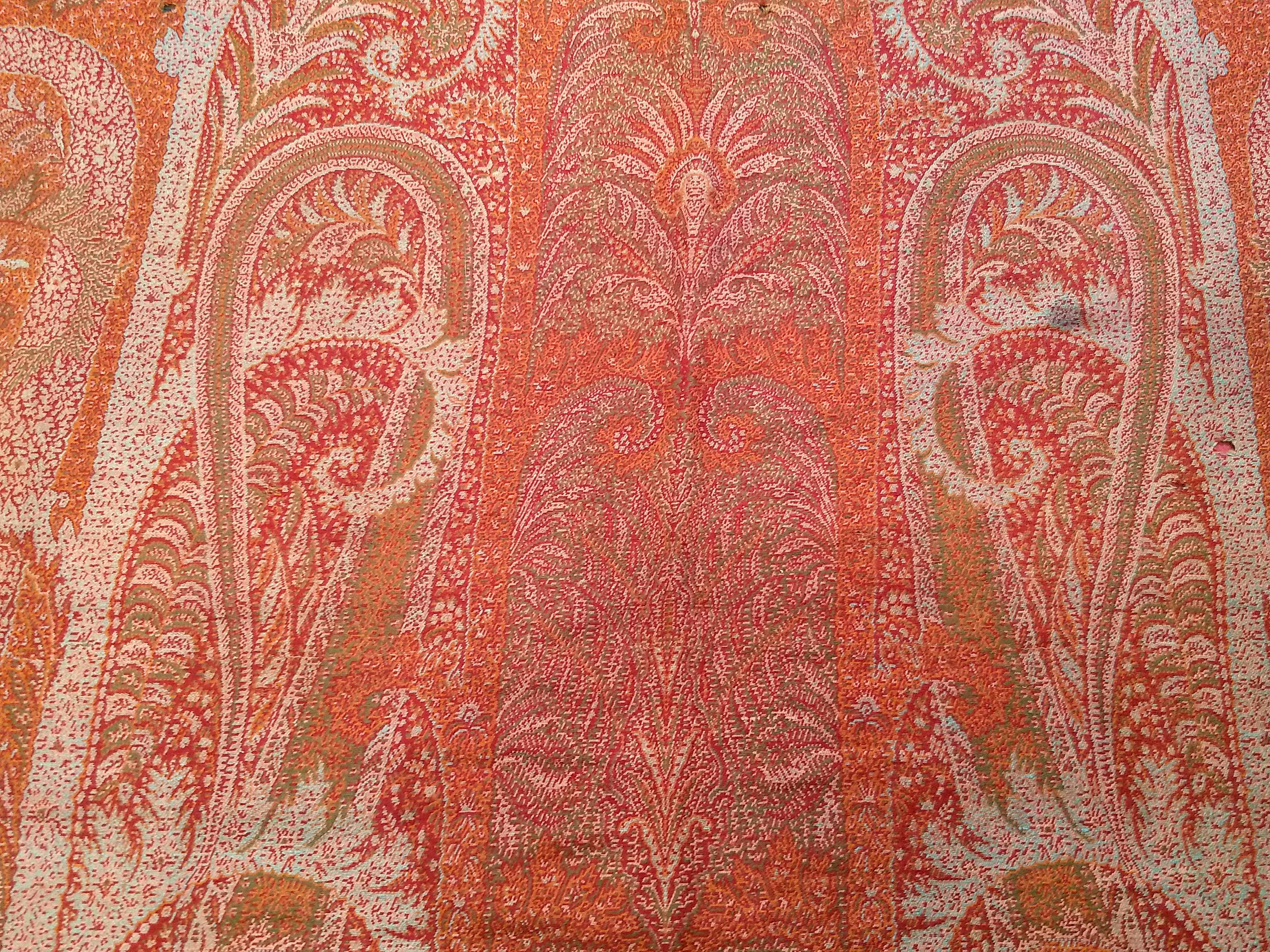 Mid 19th Century Paisley Shawl in Red, Ivory, Black, Green. Orange For Sale 4