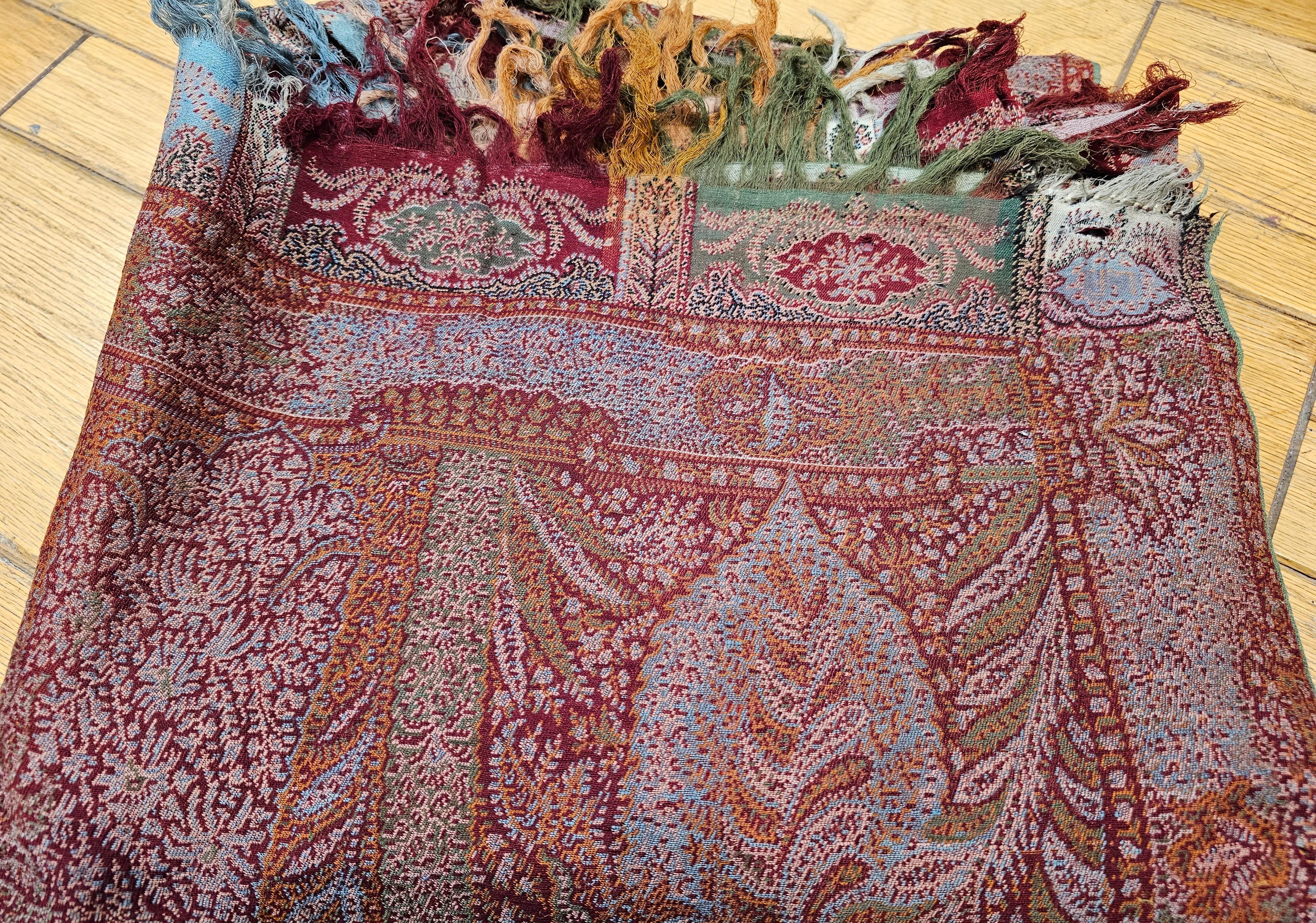 Mid 19th Century Paisley Shawl in Red, Ivory, Black, Green. Orange For Sale 6