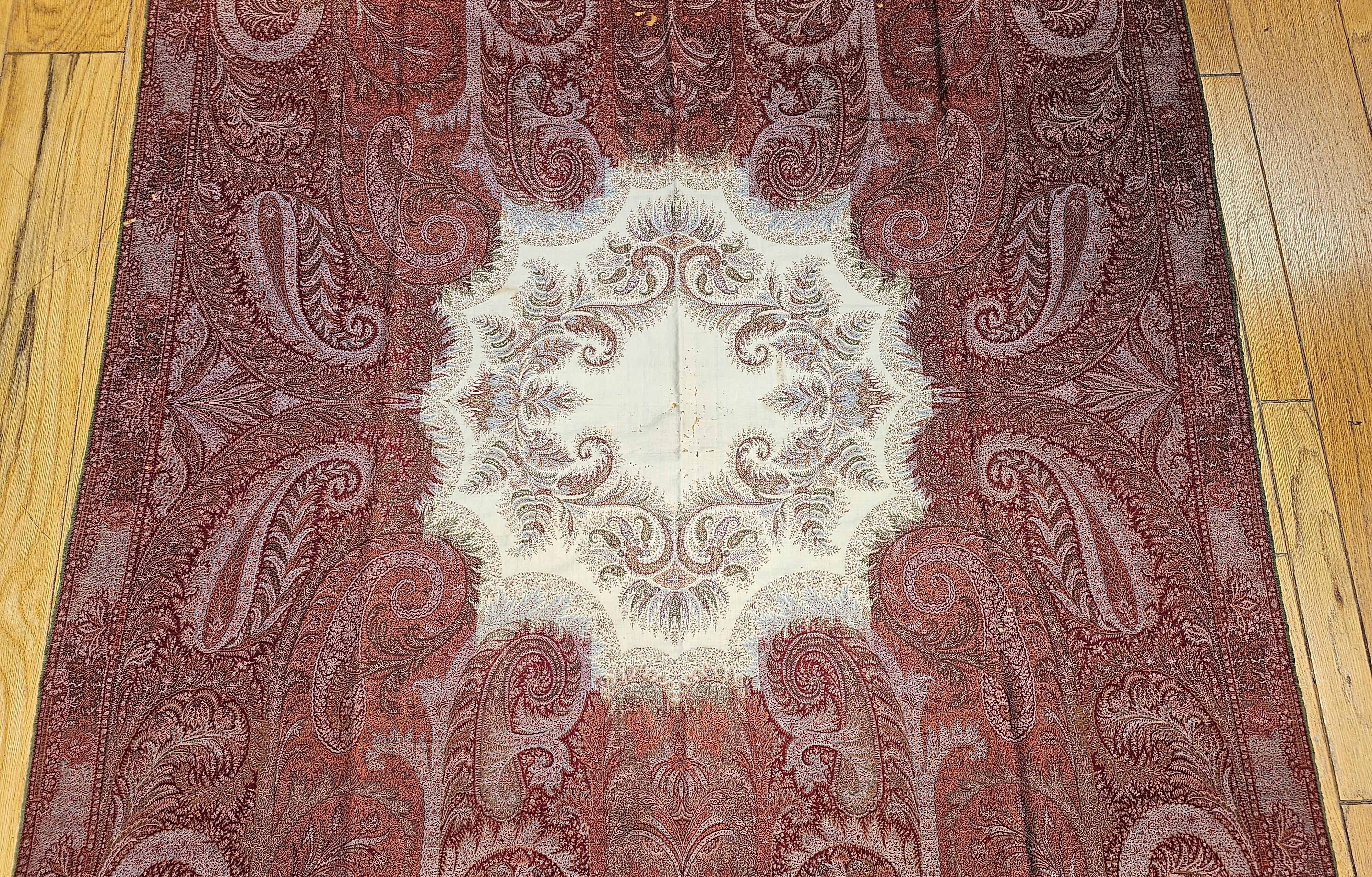 Machine-Made Mid 19th Century Paisley Shawl in Red, Ivory, Black, Green. Orange For Sale