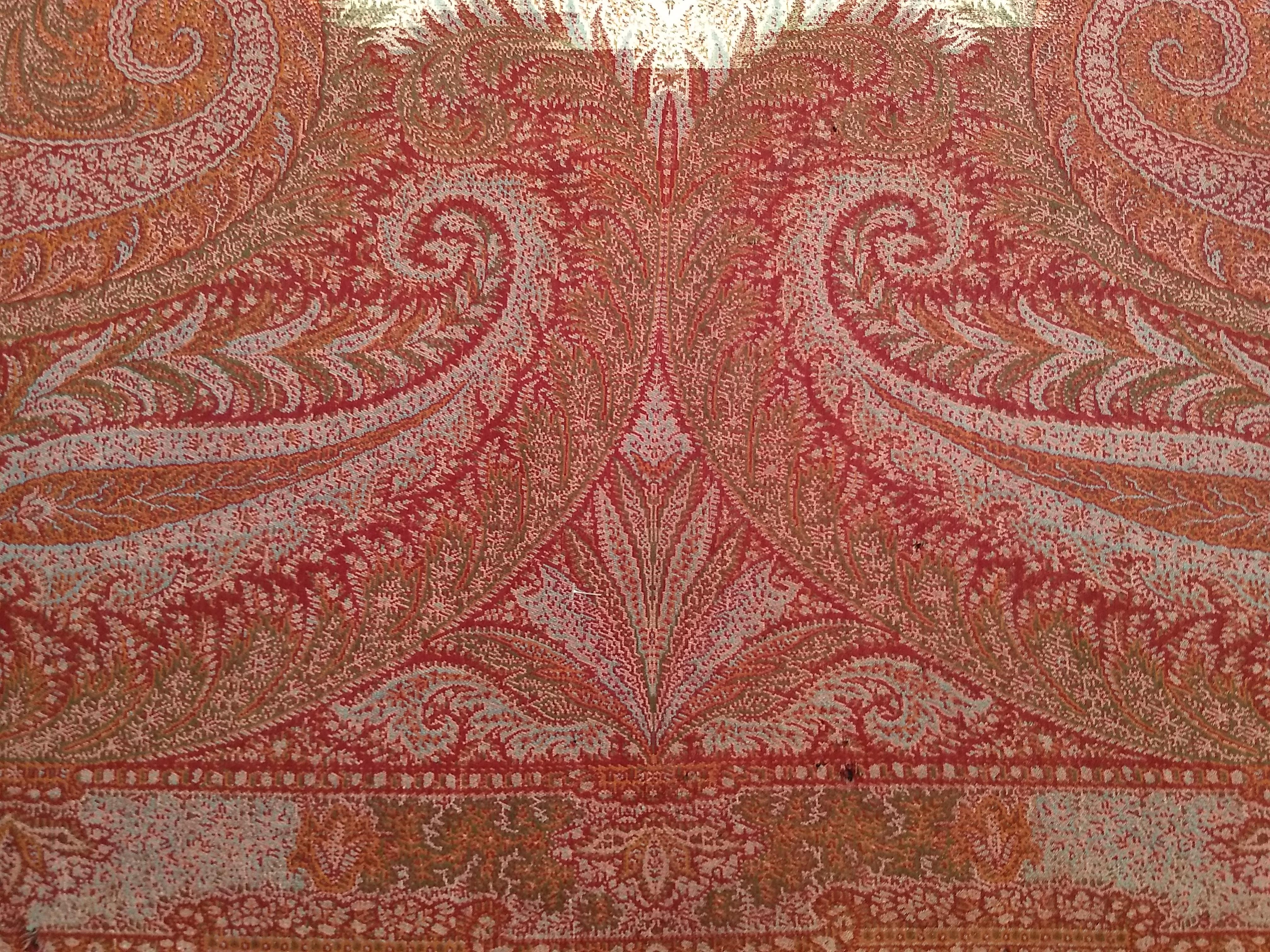 Mid 19th Century Paisley Shawl in Red, Ivory, Black, Green. Orange For Sale 2