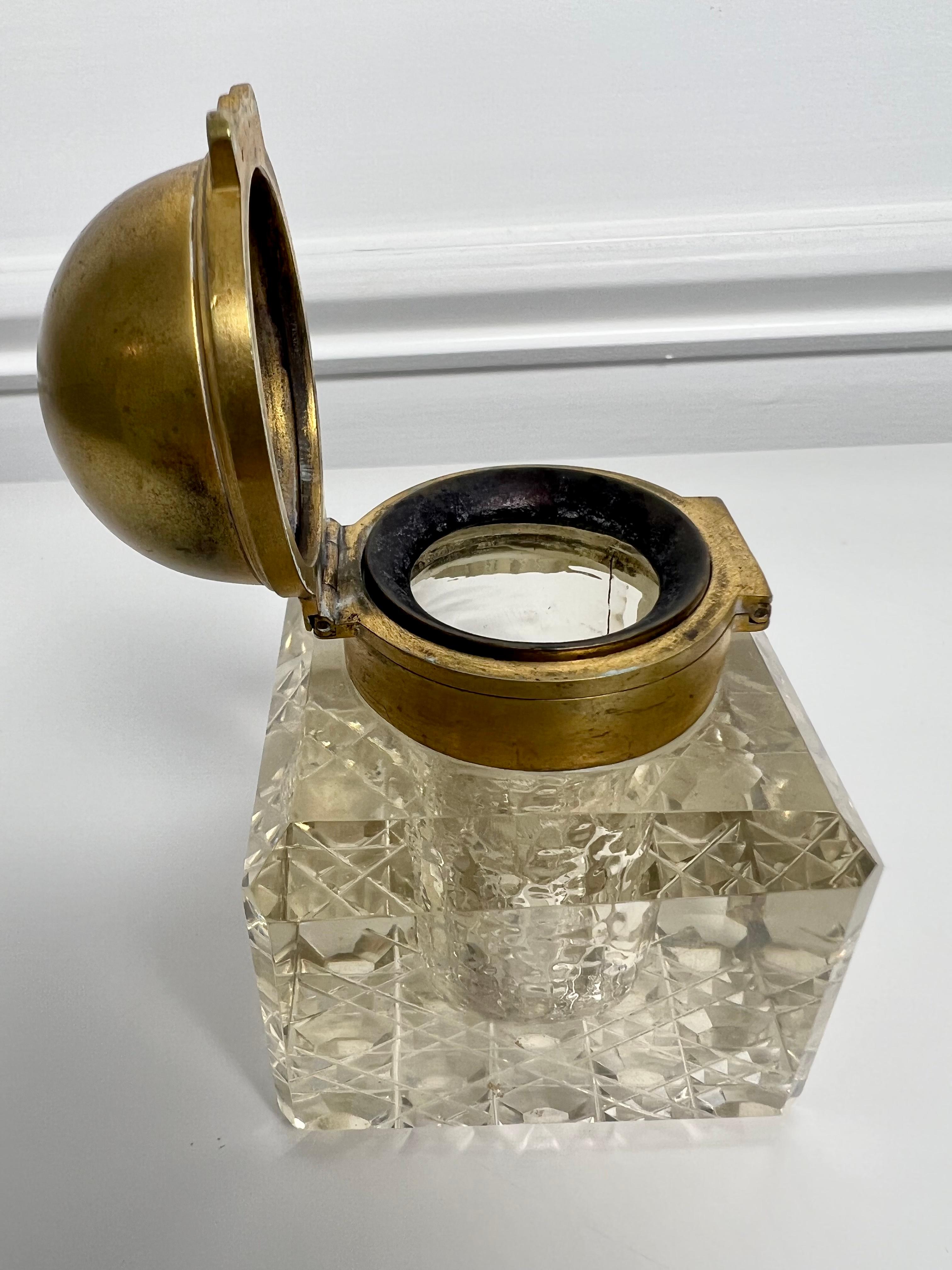 Mid 19th Century Partners Inkwell with Brass Double Top and Cut Crystal In Good Condition For Sale In Stamford, CT
