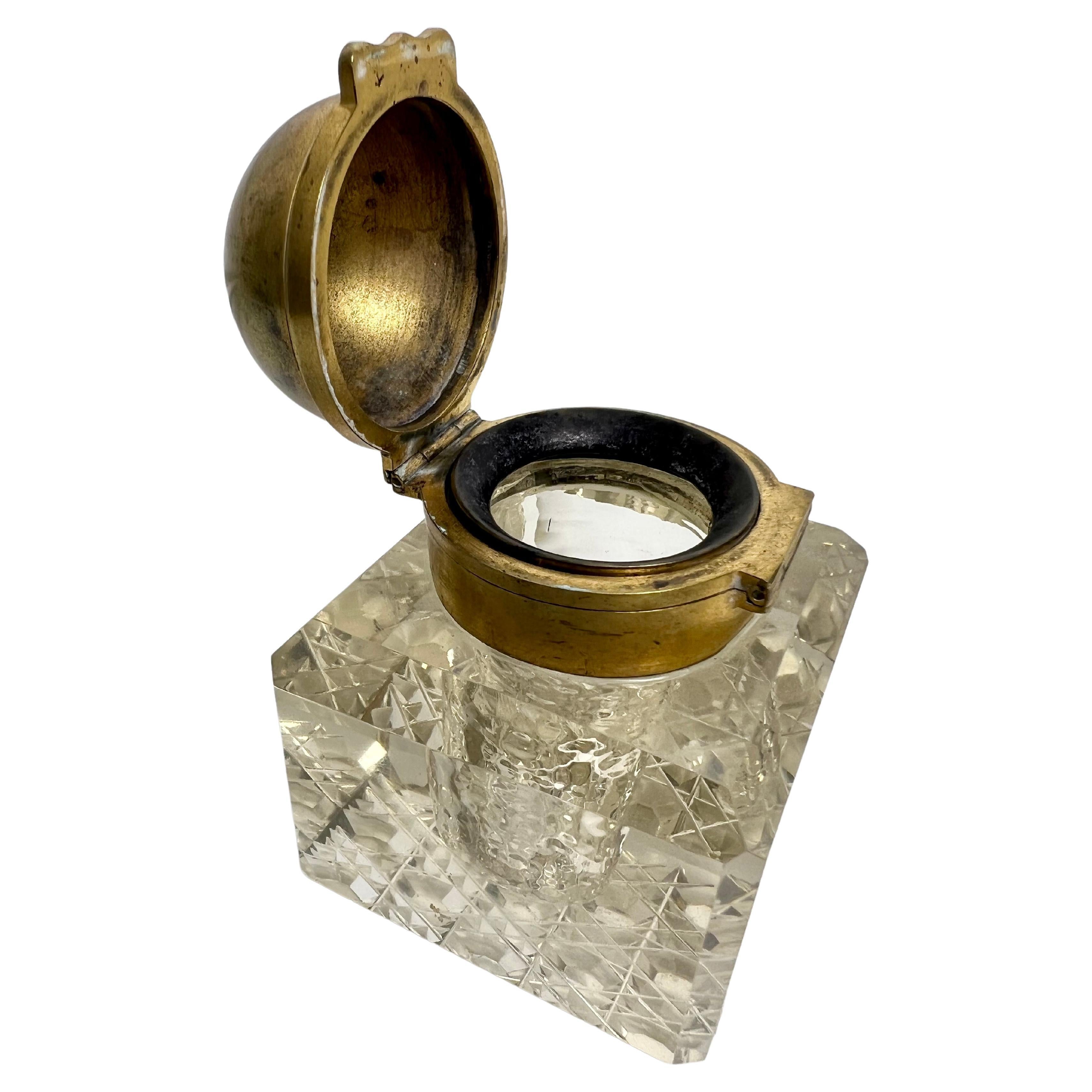 Mid 19th Century Partners Inkwell with Brass Double Top and Cut Crystal For Sale