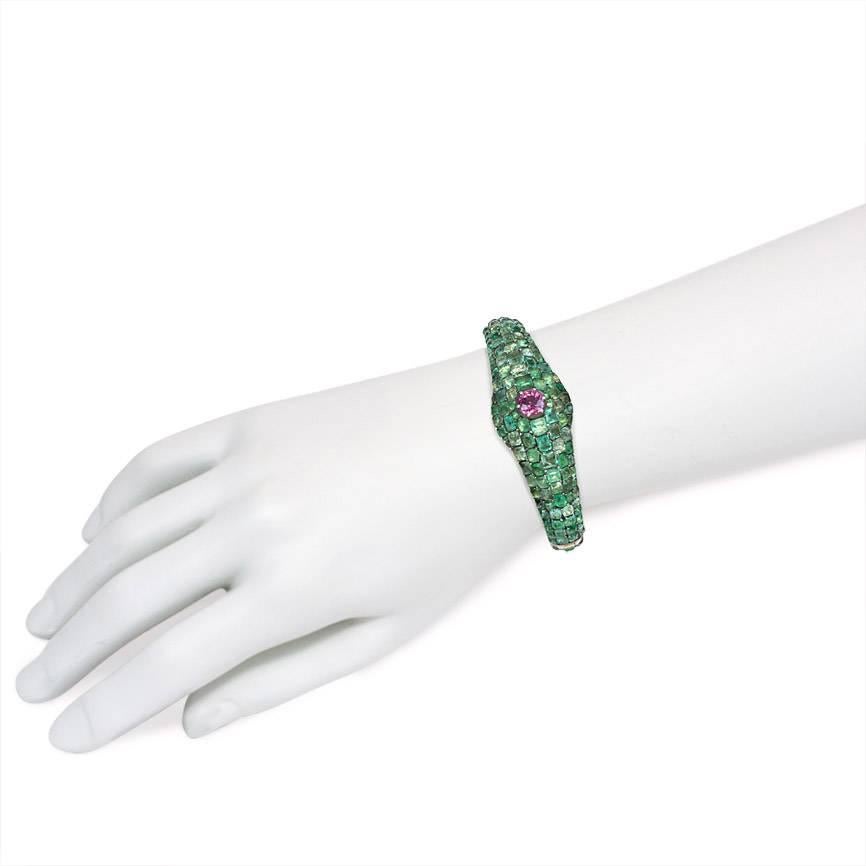 Women's or Men's Mid-19th Century Pavé Emerald and Pink Sapphire Bracelet