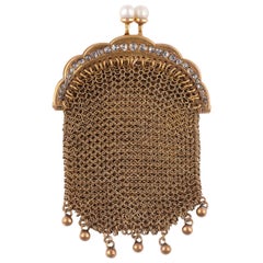 Mid-19th Century Pearl Diamond and 18 Karat Gold Mesh Purse