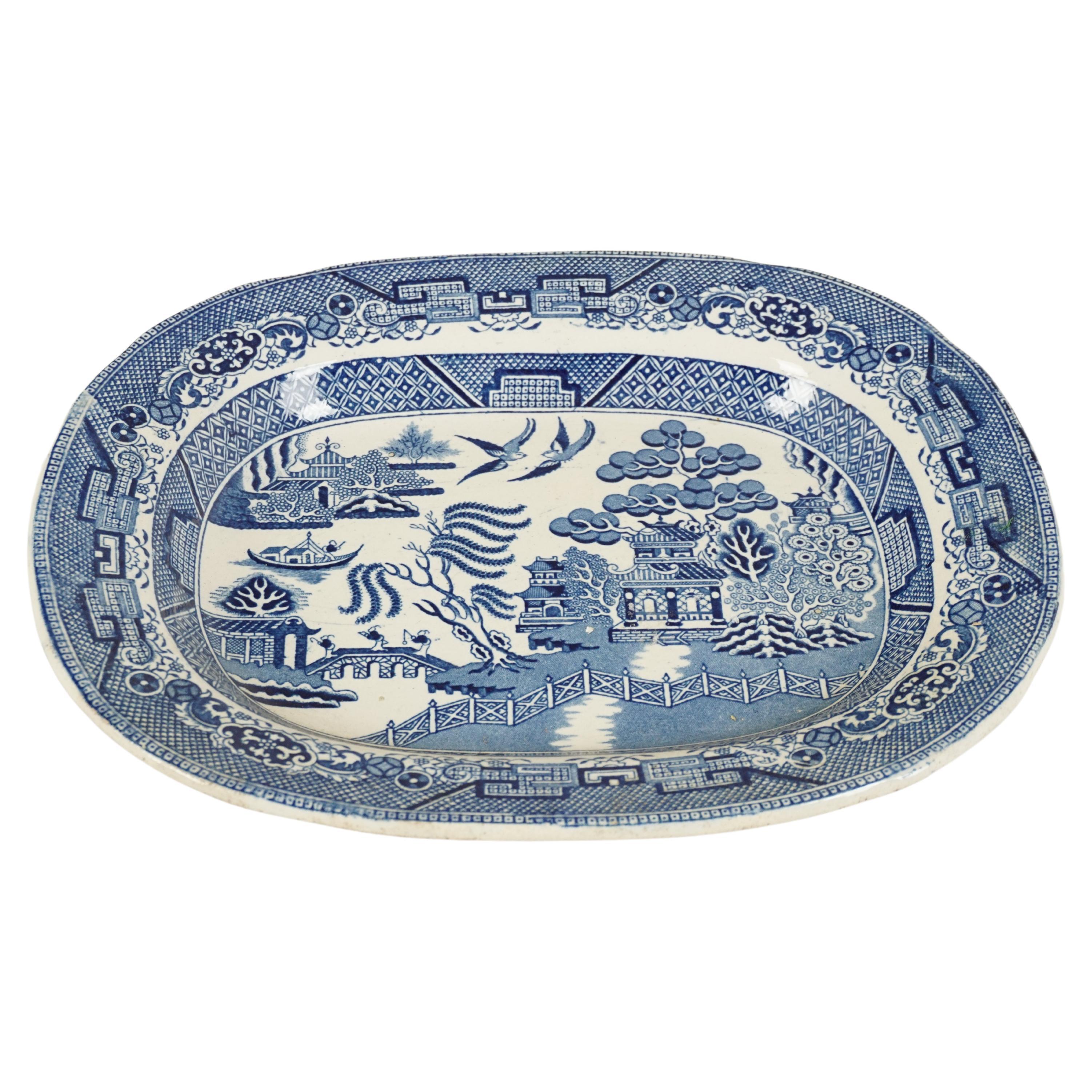 Antique Blue Willow Platter Transfer ware Pottery, England, Circa 1840