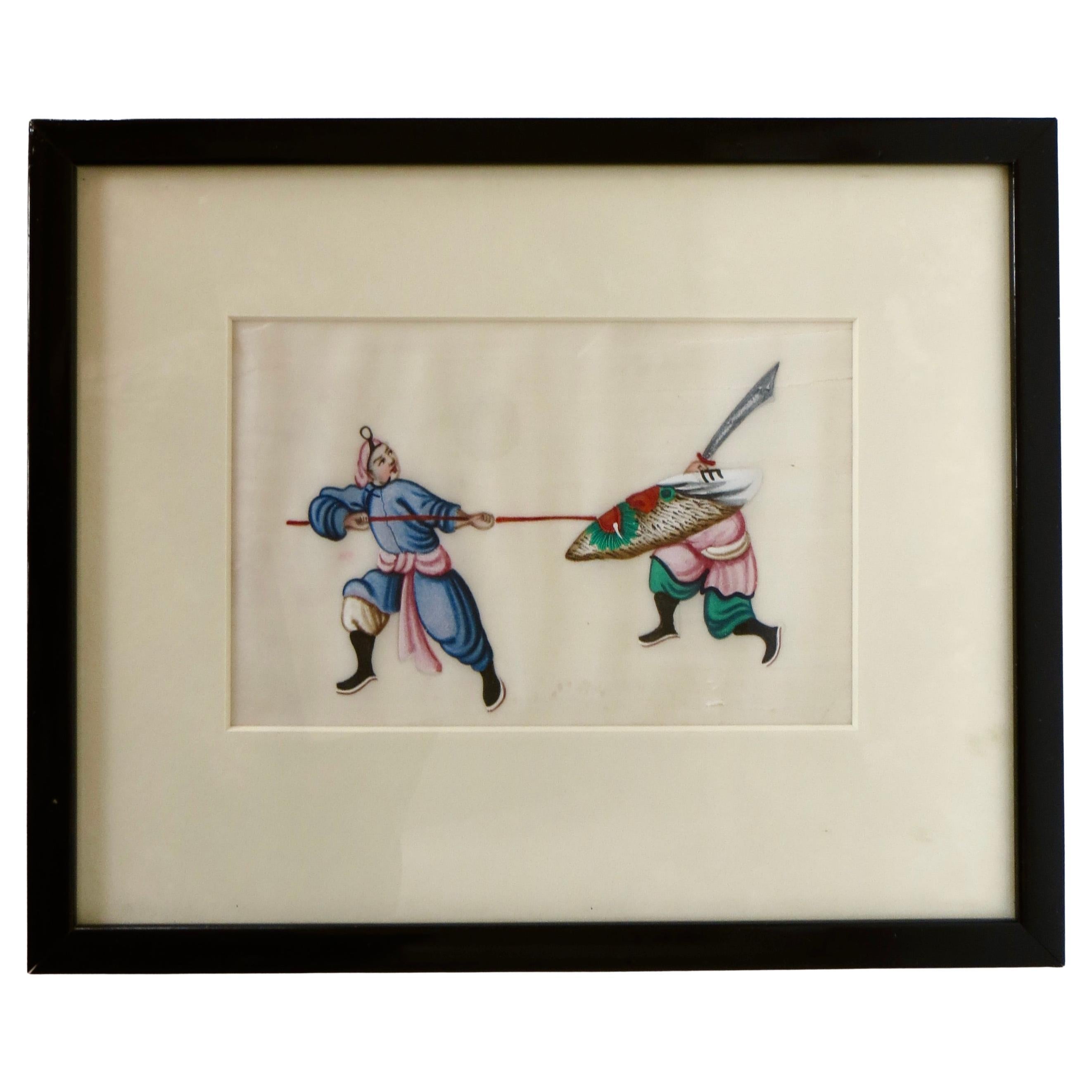 Mid 19th Century Performative Themed Chinese Framed Watercolor On Pith Paper