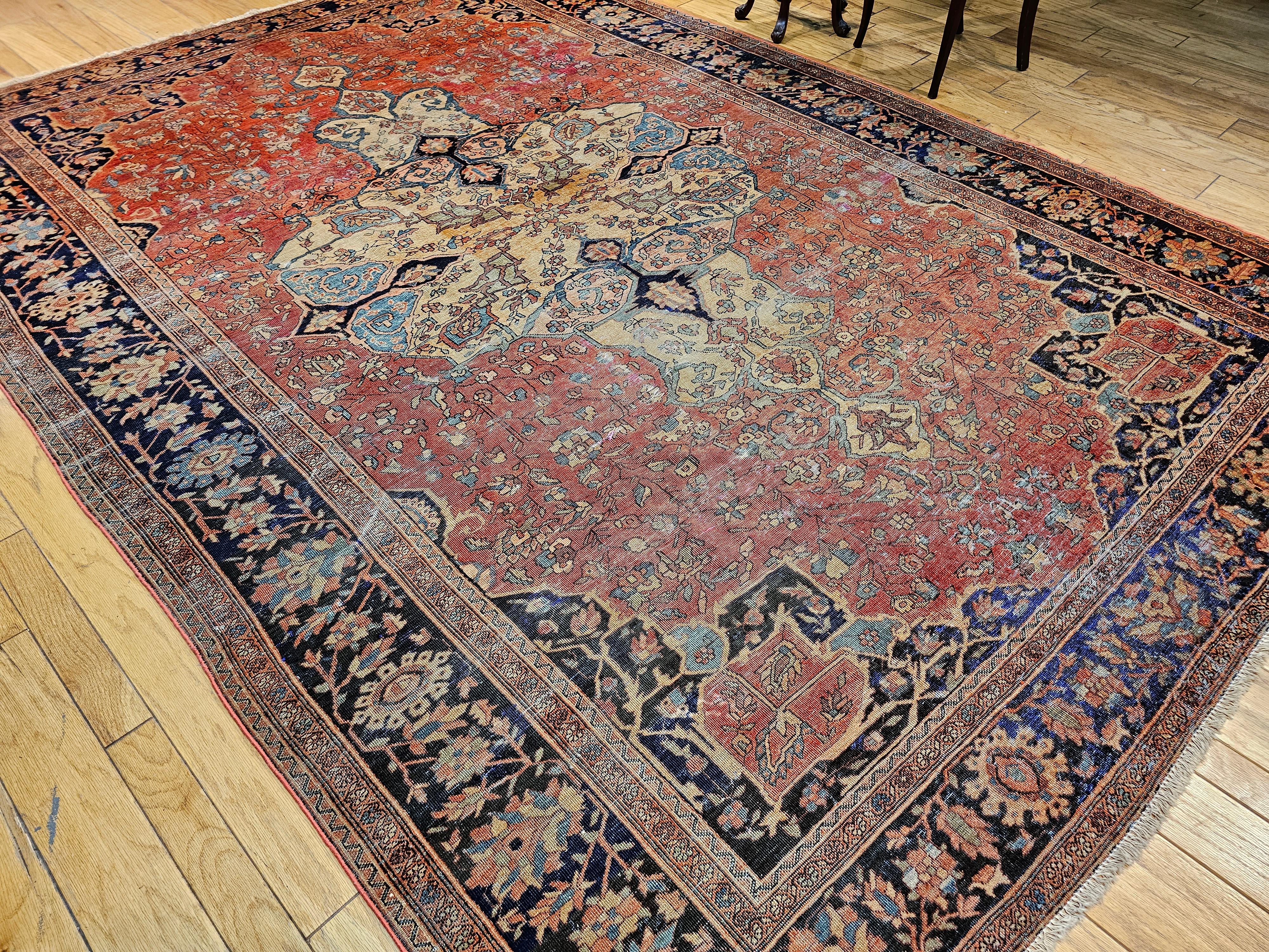 Late 19th Century Persian Sarouk Farahan in in Red, Tan, Baby Blue, Navy Blue For Sale 7
