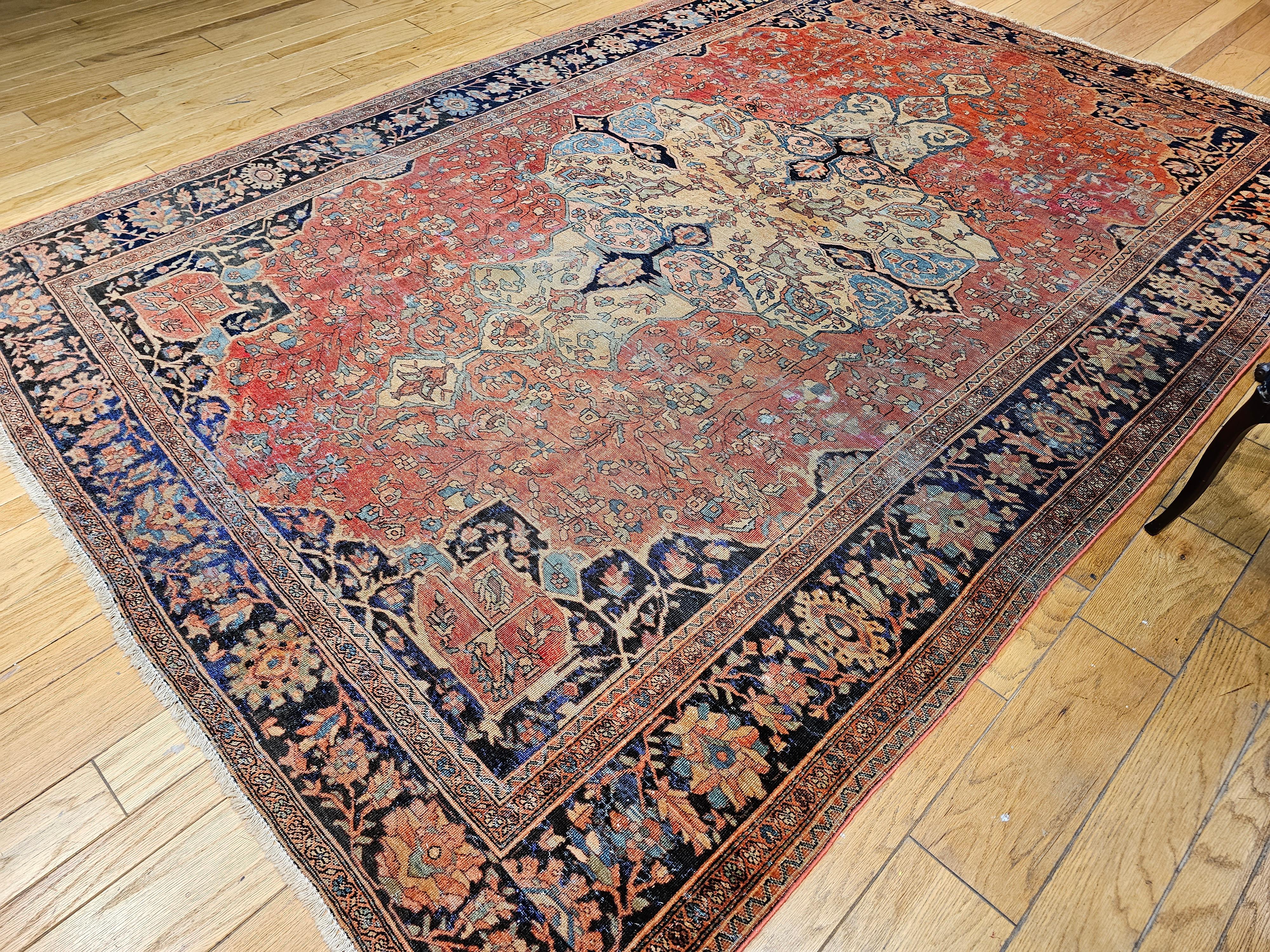 Late 19th Century Persian Sarouk Farahan in in Red, Tan, Baby Blue, Navy Blue For Sale 8