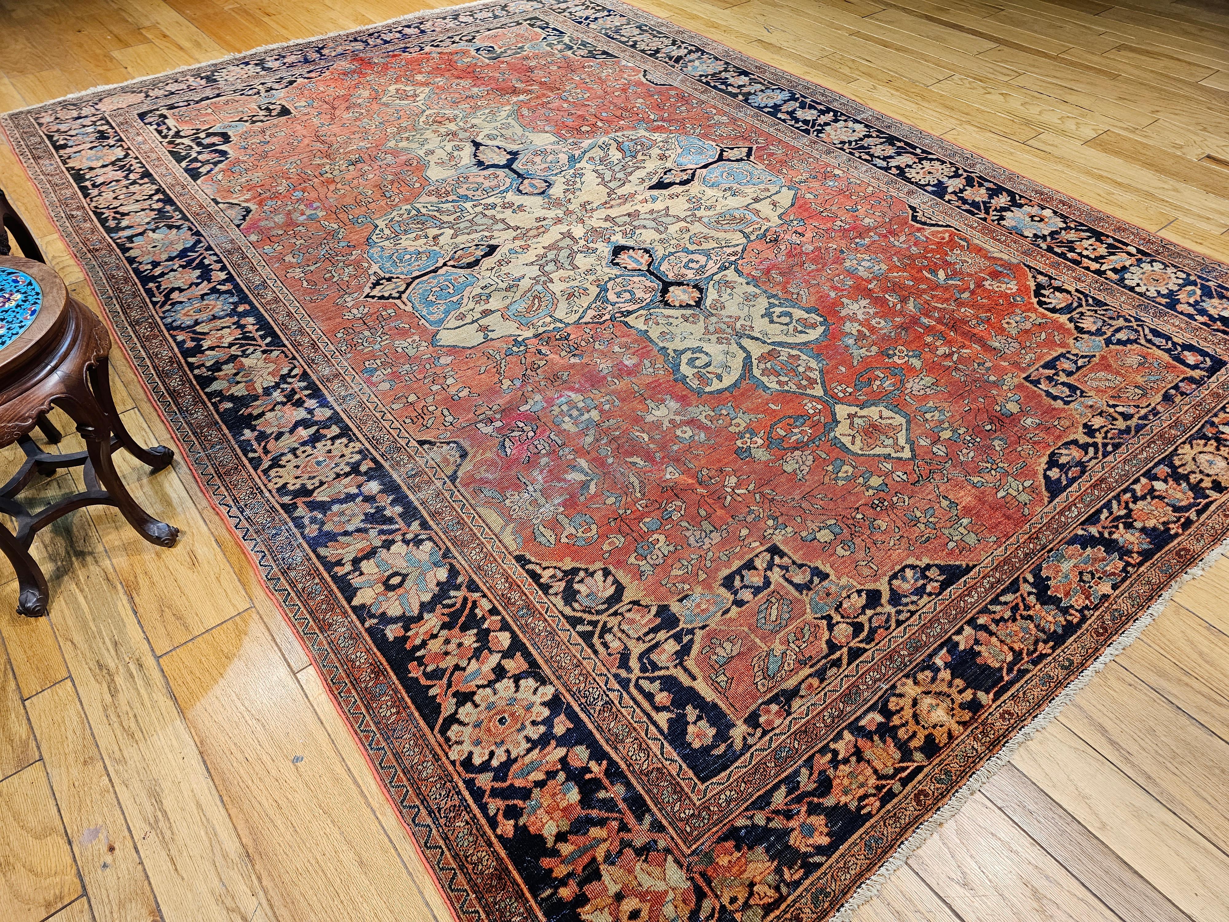 Late 19th Century Persian Sarouk Farahan in in Red, Tan, Baby Blue, Navy Blue For Sale 10