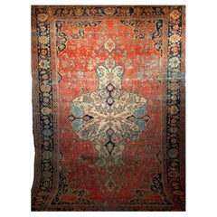 19th Century Persian Farahan Rug in Floral Pattern in Red, Saffron, Blue, Ivory