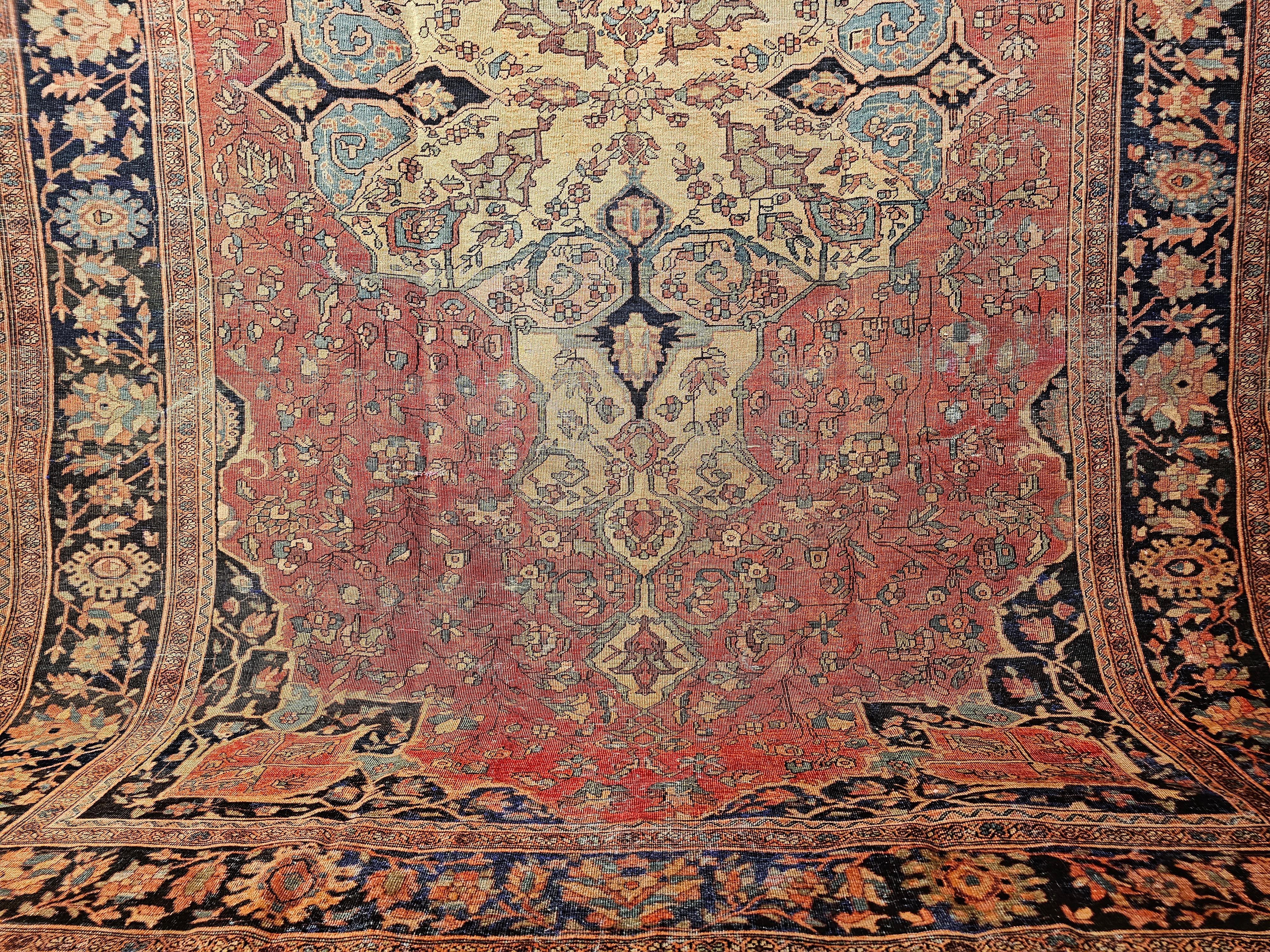 Wool Late 19th Century Persian Sarouk Farahan in in Red, Tan, Baby Blue, Navy Blue For Sale