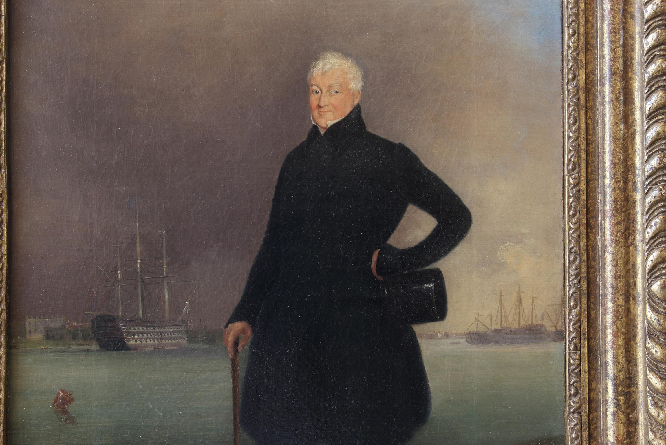 A small and beautifully painted mid-19th century oil on canvas portrait of a gentleman in a harbor scene by Nicholas Condy (1793-1857).