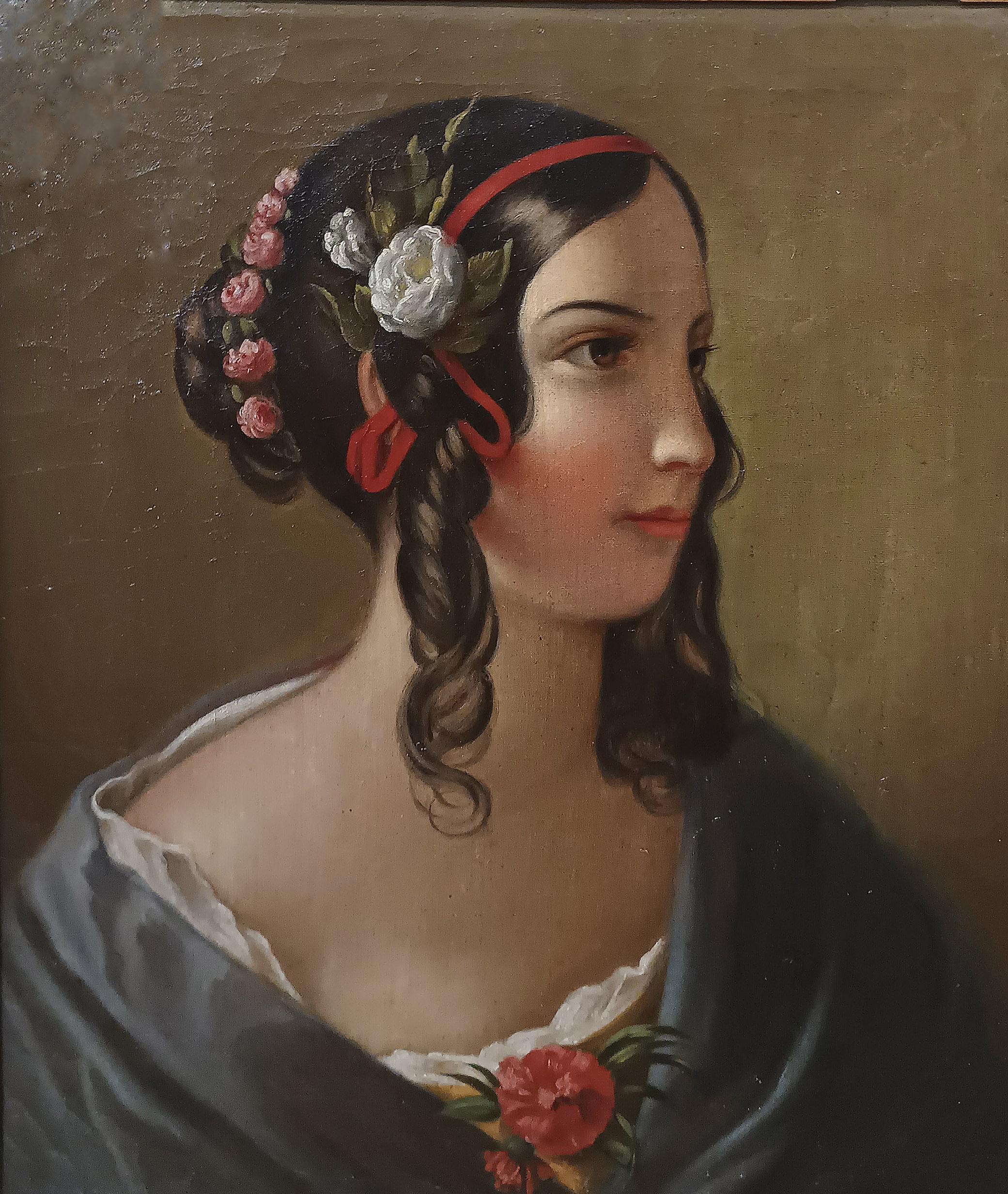 RETRATO AL OLEO SOBRE LIENZO DE UNA JOVEN DE MEDIADOS DEL SIGLO XIX Italian en venta