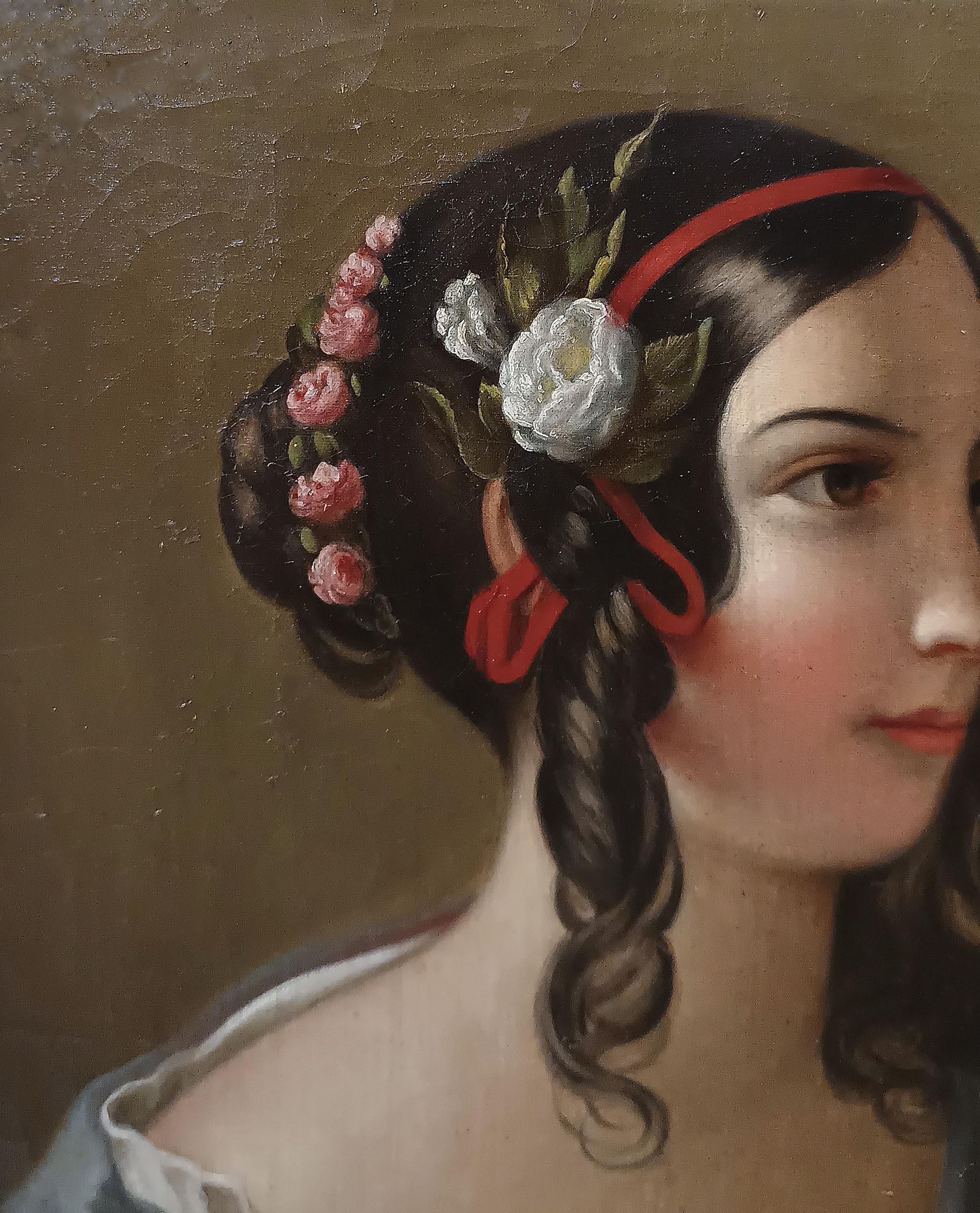RETRATO AL OLEO SOBRE LIENZO DE UNA JOVEN DE MEDIADOS DEL SIGLO XIX Tallado a mano en venta