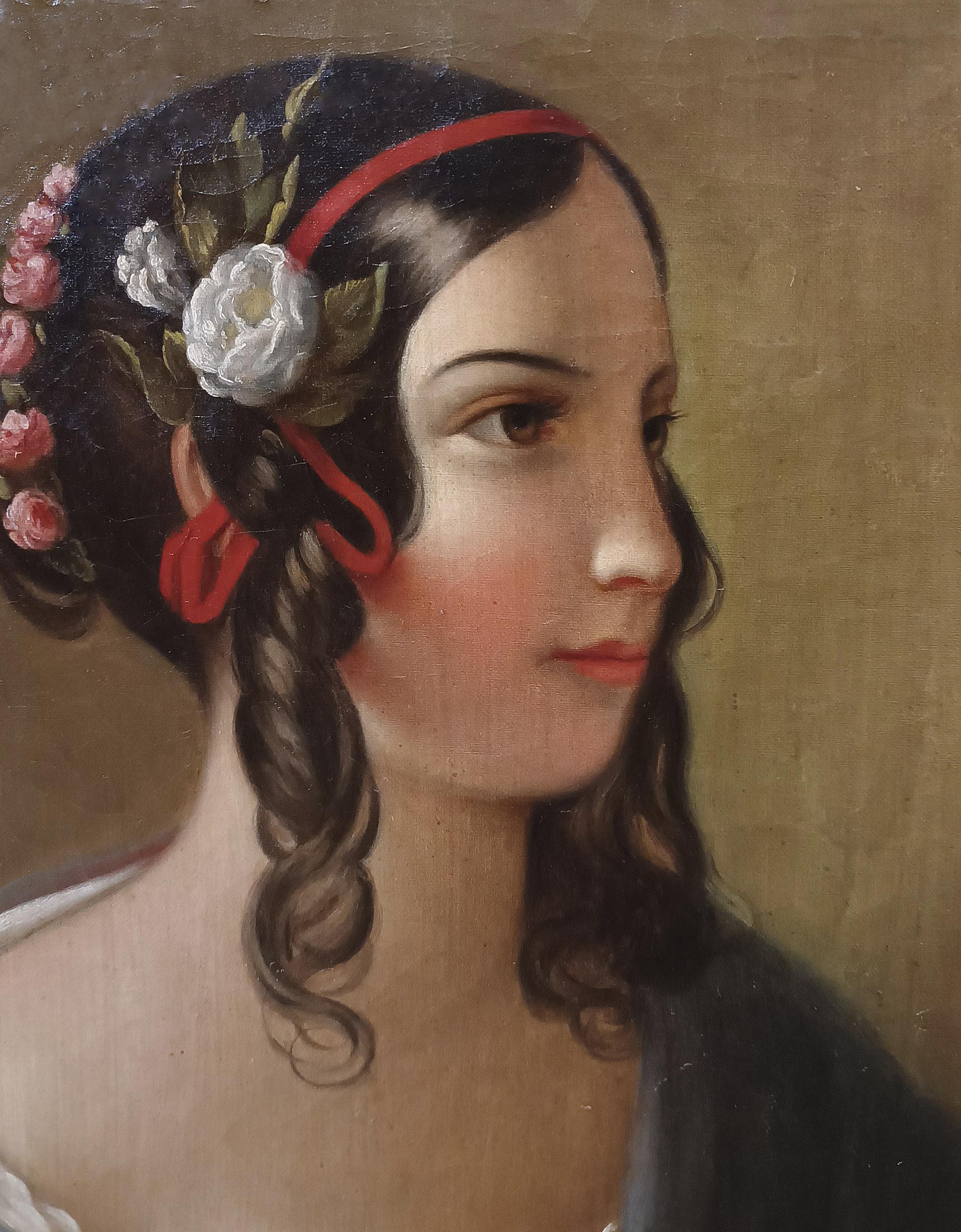 RETRATO AL OLEO SOBRE LIENZO DE UNA JOVEN DE MEDIADOS DEL SIGLO XIX en Bueno estado para la venta en Firenze, FI