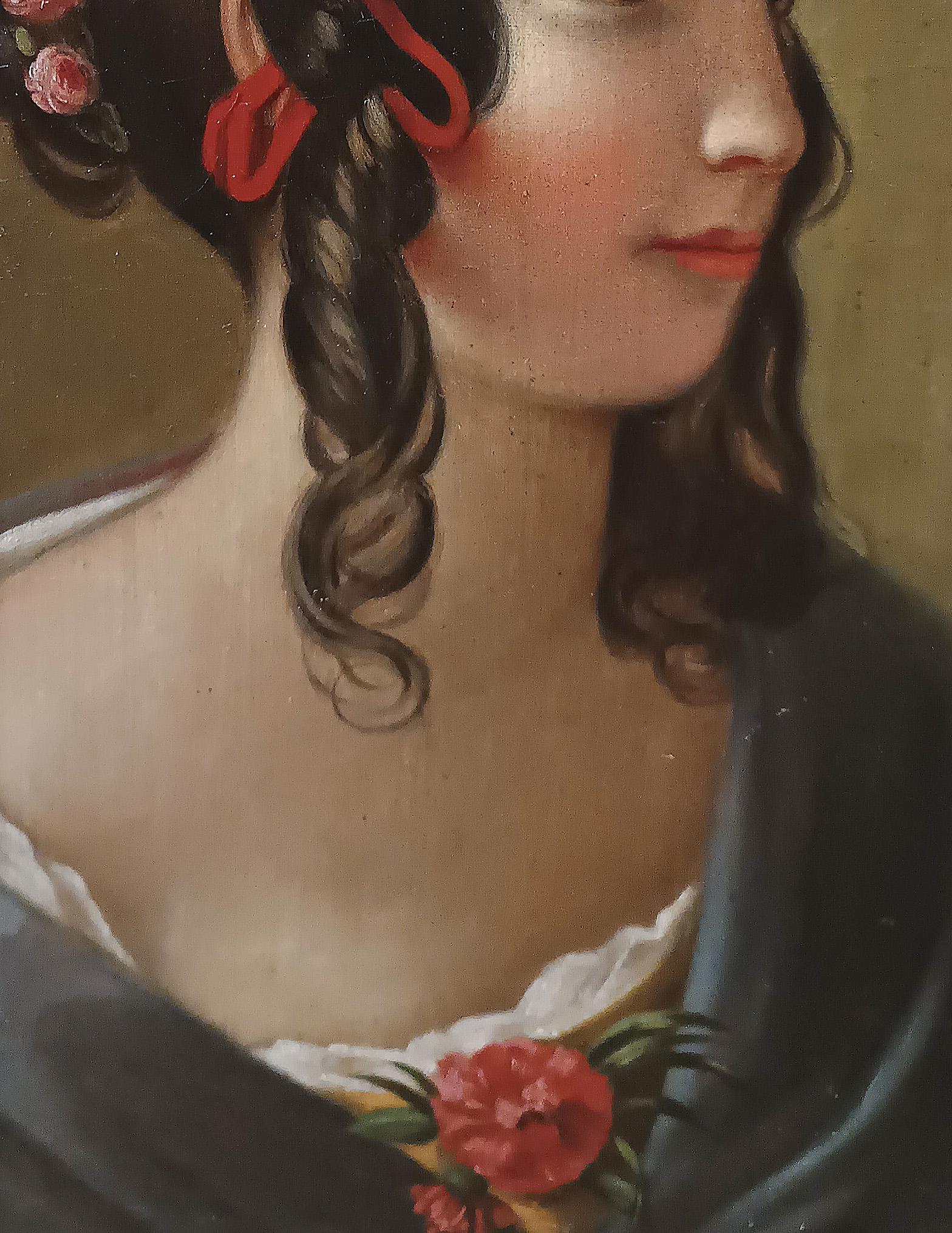 RETRATO AL OLEO SOBRE LIENZO DE UNA JOVEN DE MEDIADOS DEL SIGLO XIX 19th Century en venta