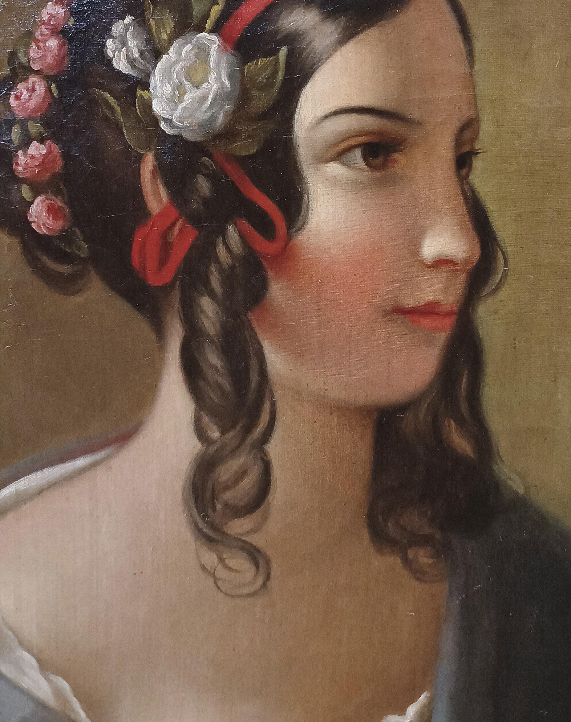RETRATO AL OLEO SOBRE LIENZO DE UNA JOVEN DE MEDIADOS DEL SIGLO XIX en venta 1