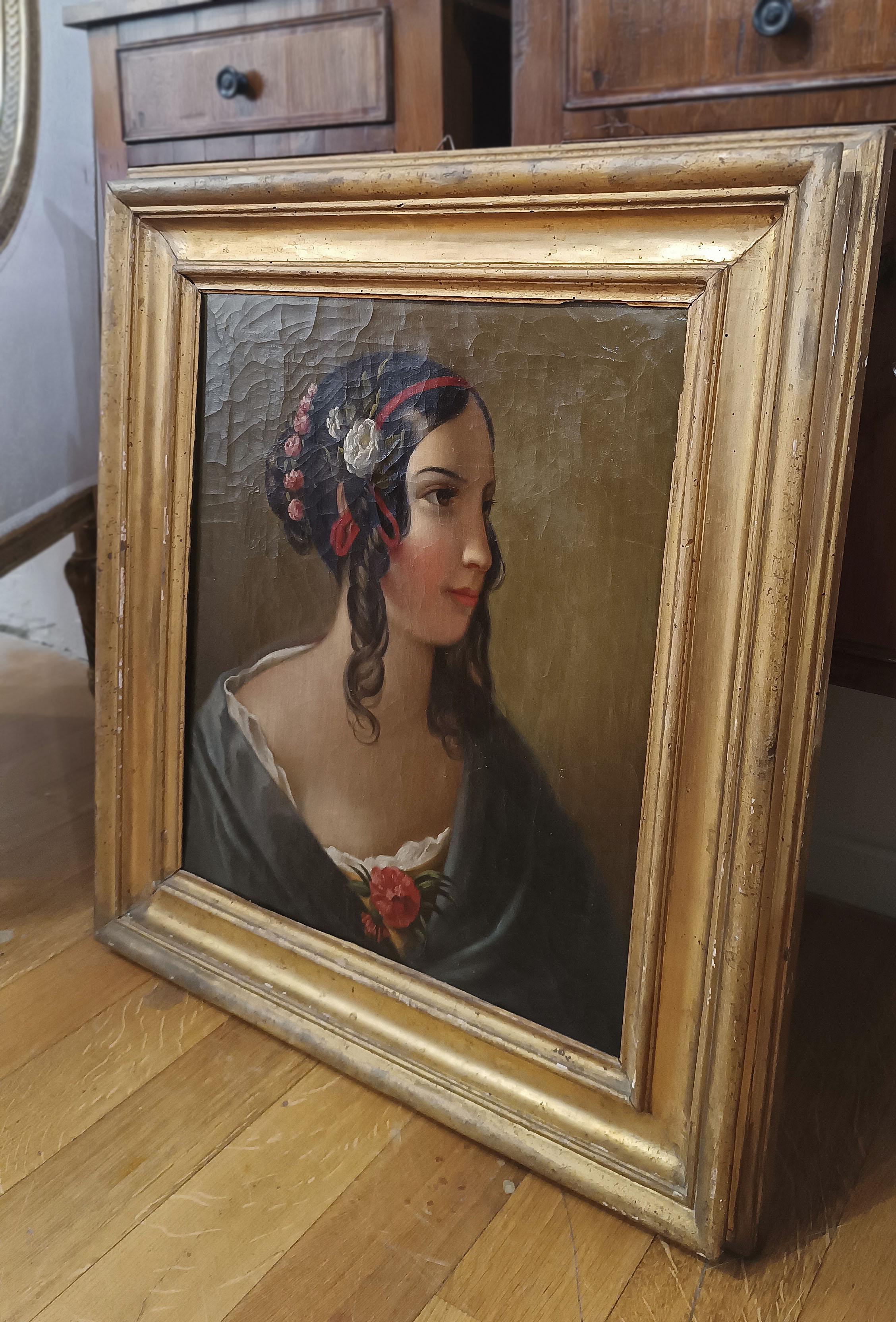 RETRATO AL OLEO SOBRE LIENZO DE UNA JOVEN DE MEDIADOS DEL SIGLO XIX en venta 2