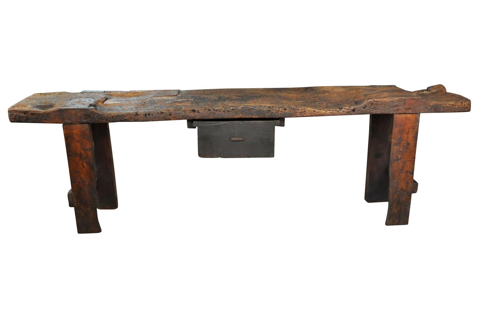A terrific mid-19th century work table, console table from the Catalan region of Spain. Sturdily constructed from pine and beech wood. The top has wonderful character great patina.