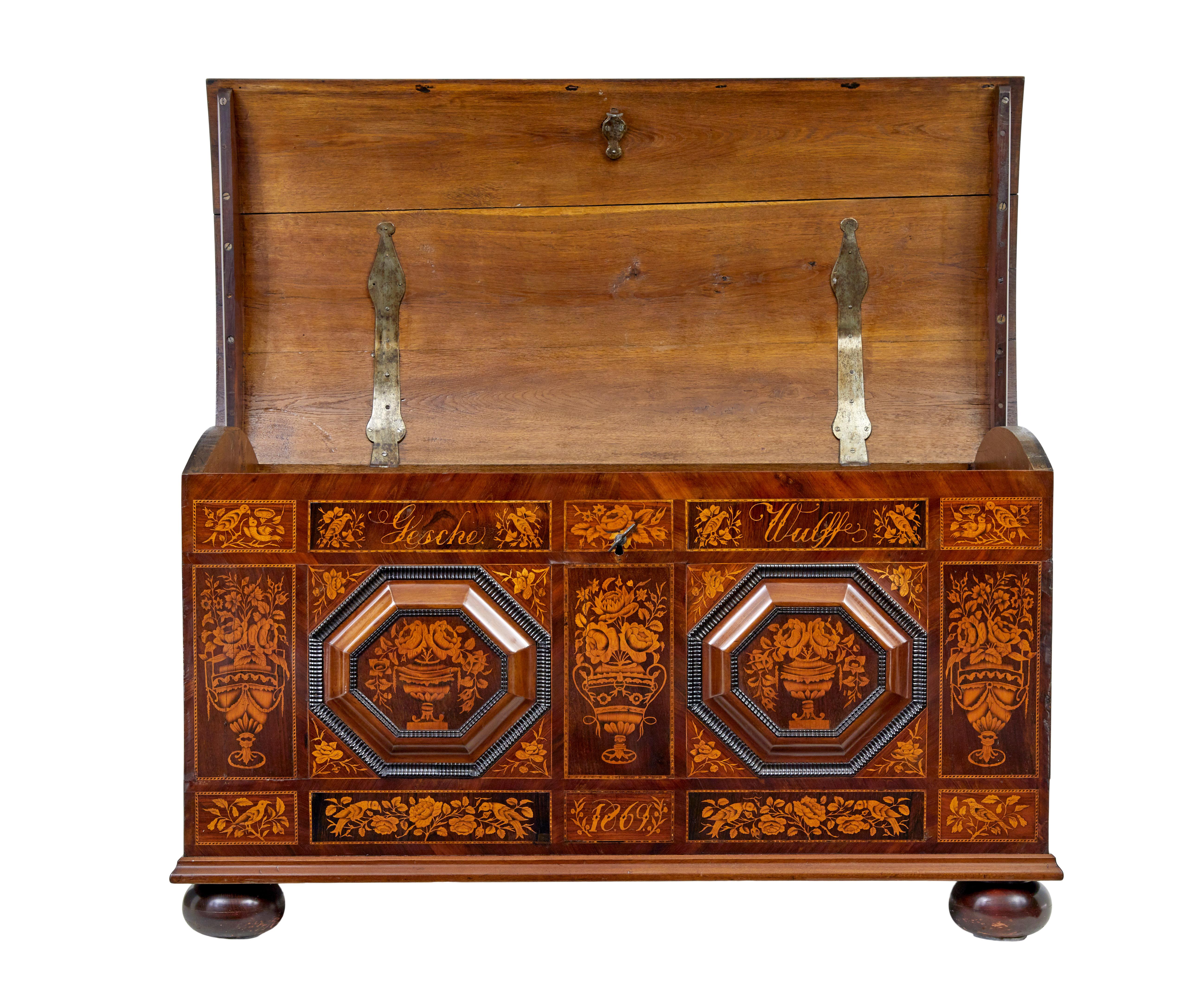Baroque Revival Mid 19th century profusely inlaid continental walnut dome coffer For Sale