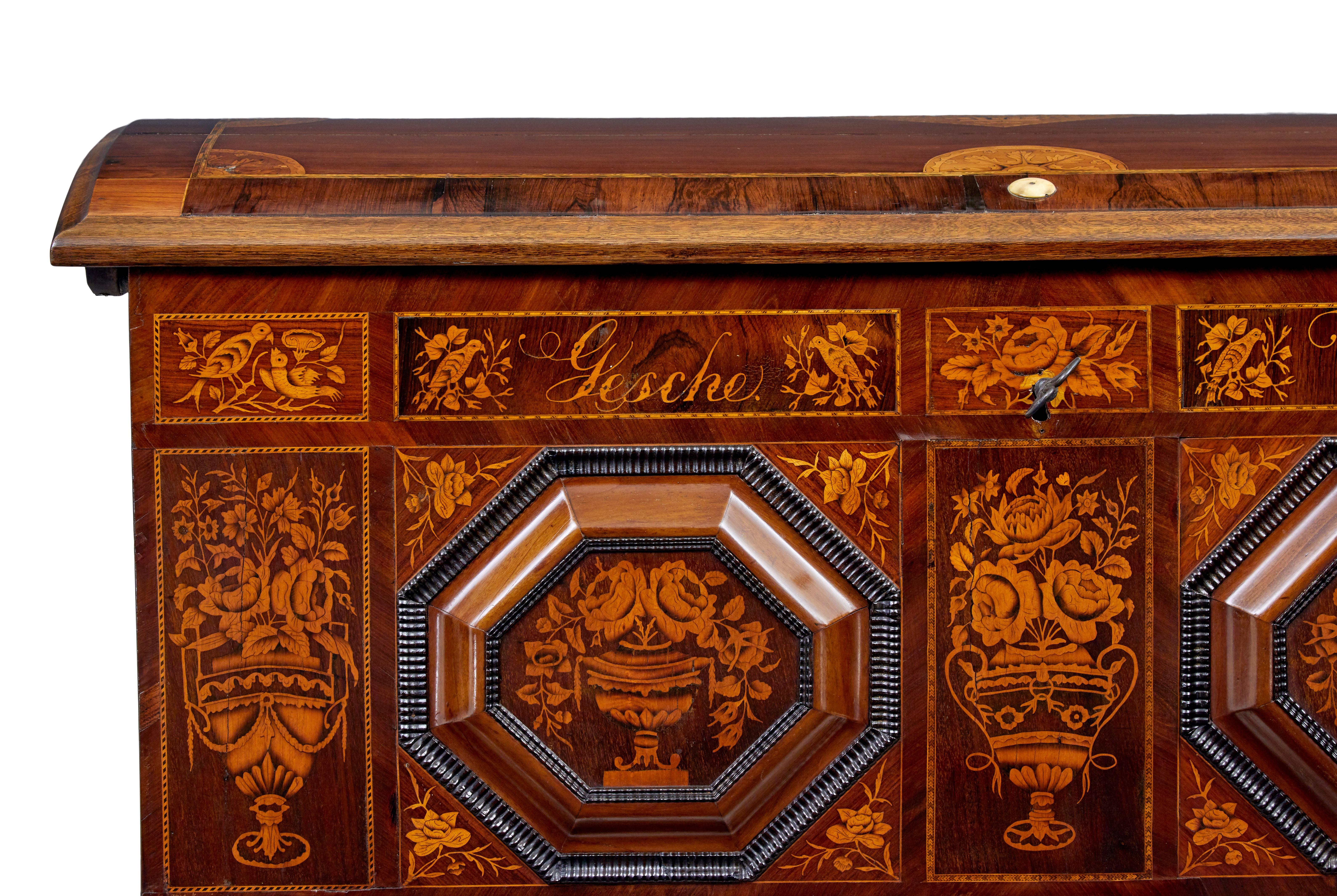 19th Century Mid 19th century profusely inlaid continental walnut dome coffer For Sale