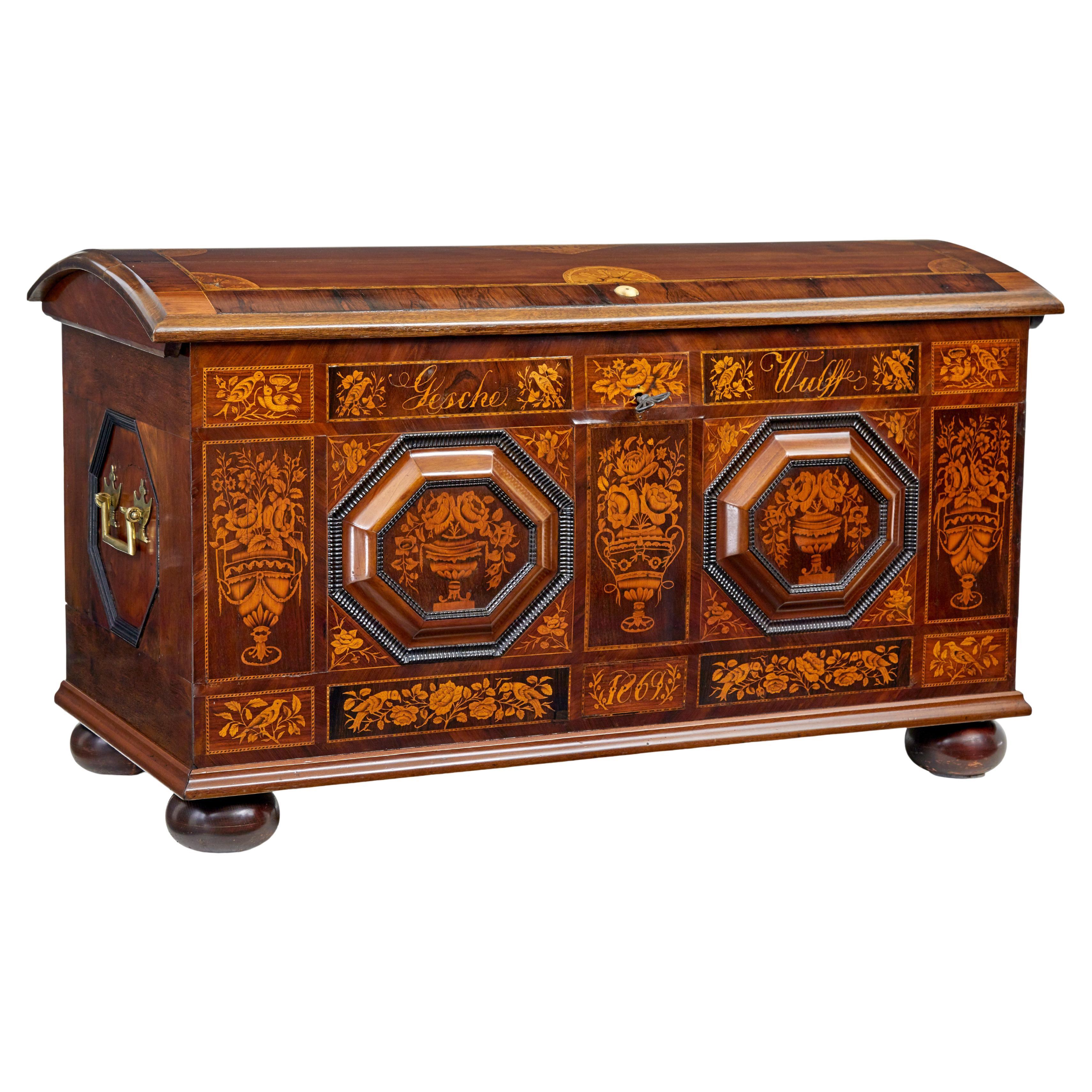 Mid 19th century profusely inlaid continental walnut dome coffer For Sale