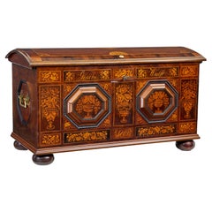 Antique Mid 19th century profusely inlaid continental walnut dome coffer