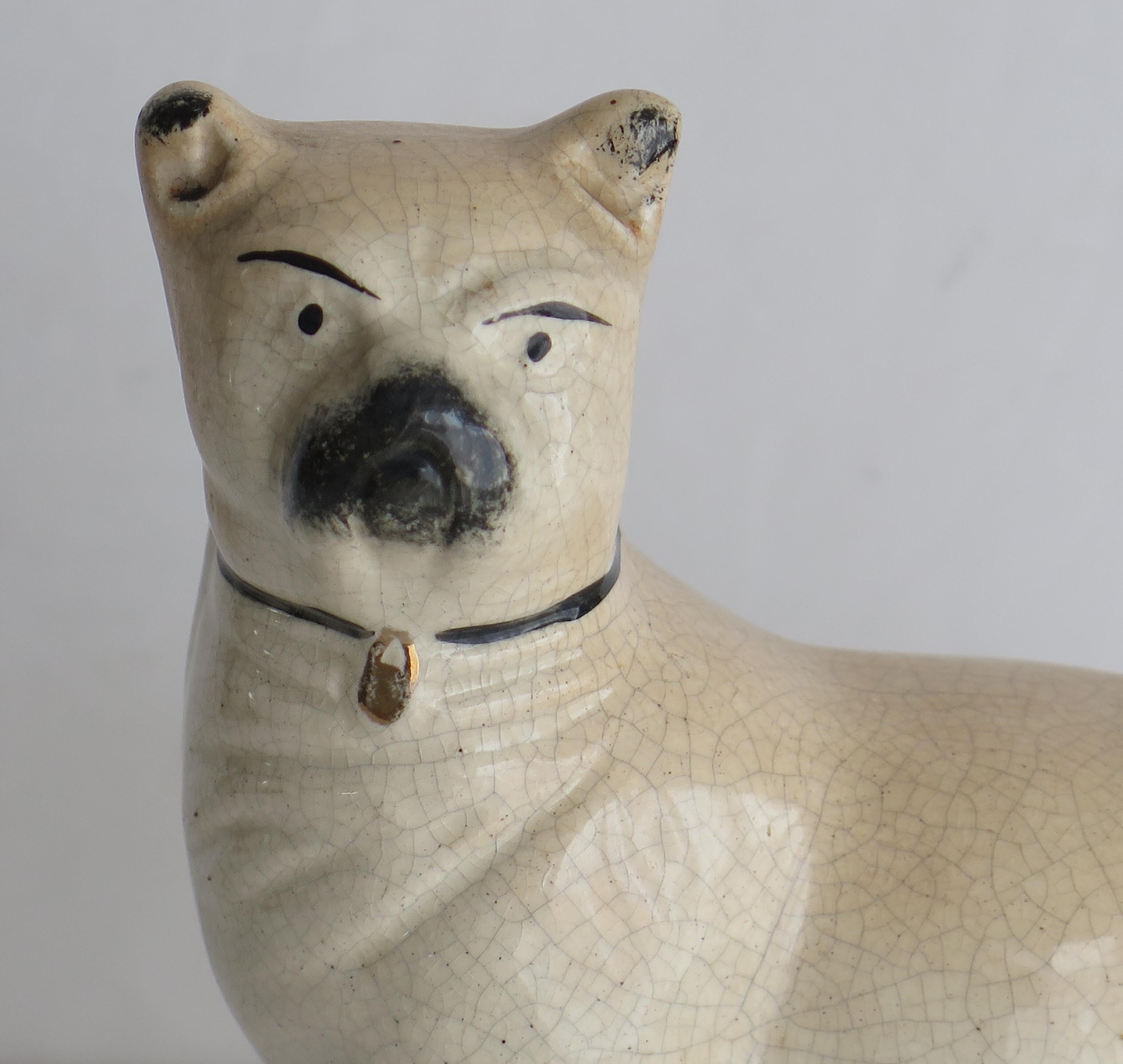 Glazed Mid 19th Century Pug Dog Figurine Staffordshire Pottery, English