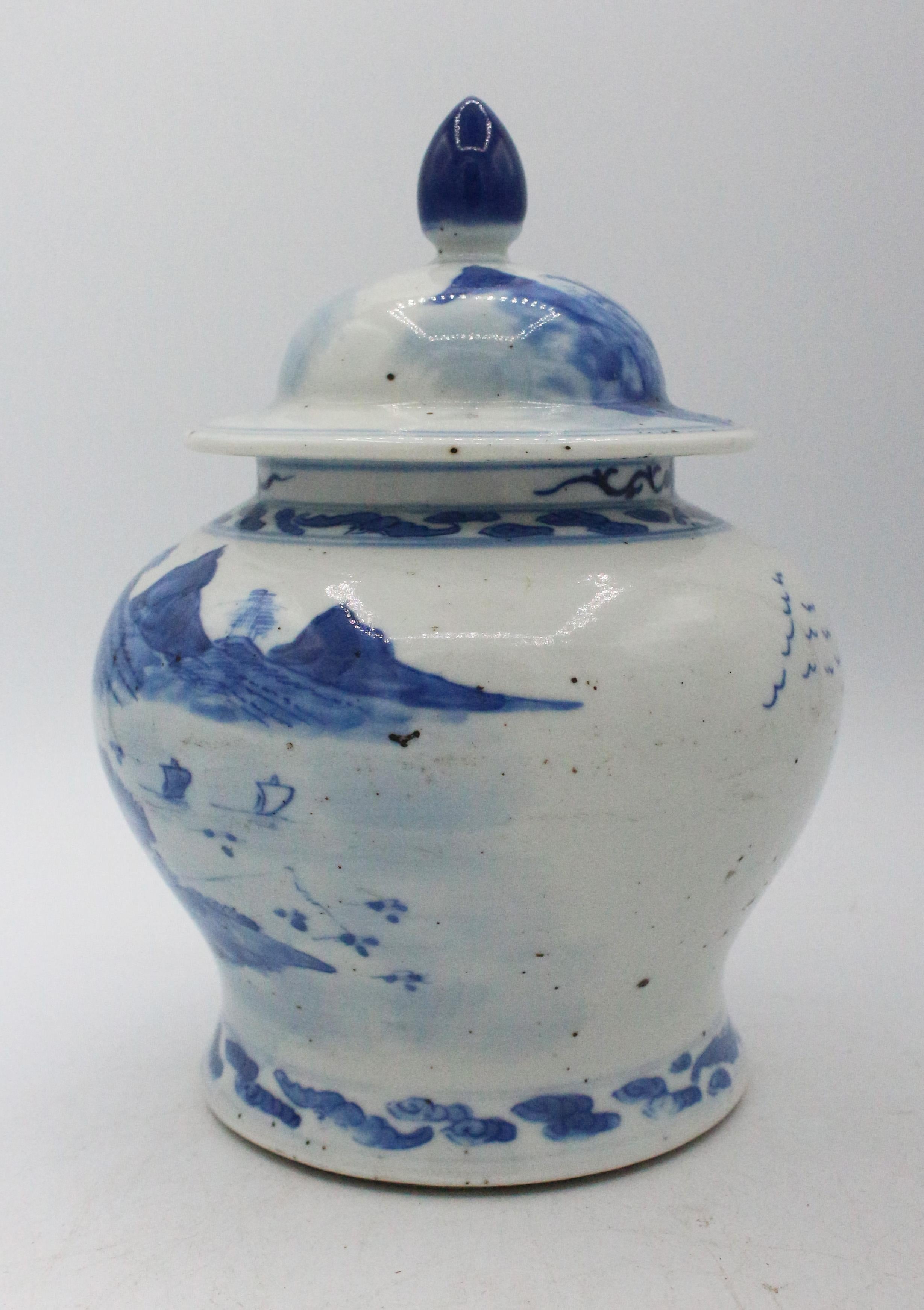 Mid-19th century covered blue & white porcelain jar, Chinese. Qing Dynasty. Sweepingly decorated with a landscape covering the front 2/3rds & a flock of geese fly into the sky on the back. Bat & cloud borders. Kangxi double blue base rings, but not