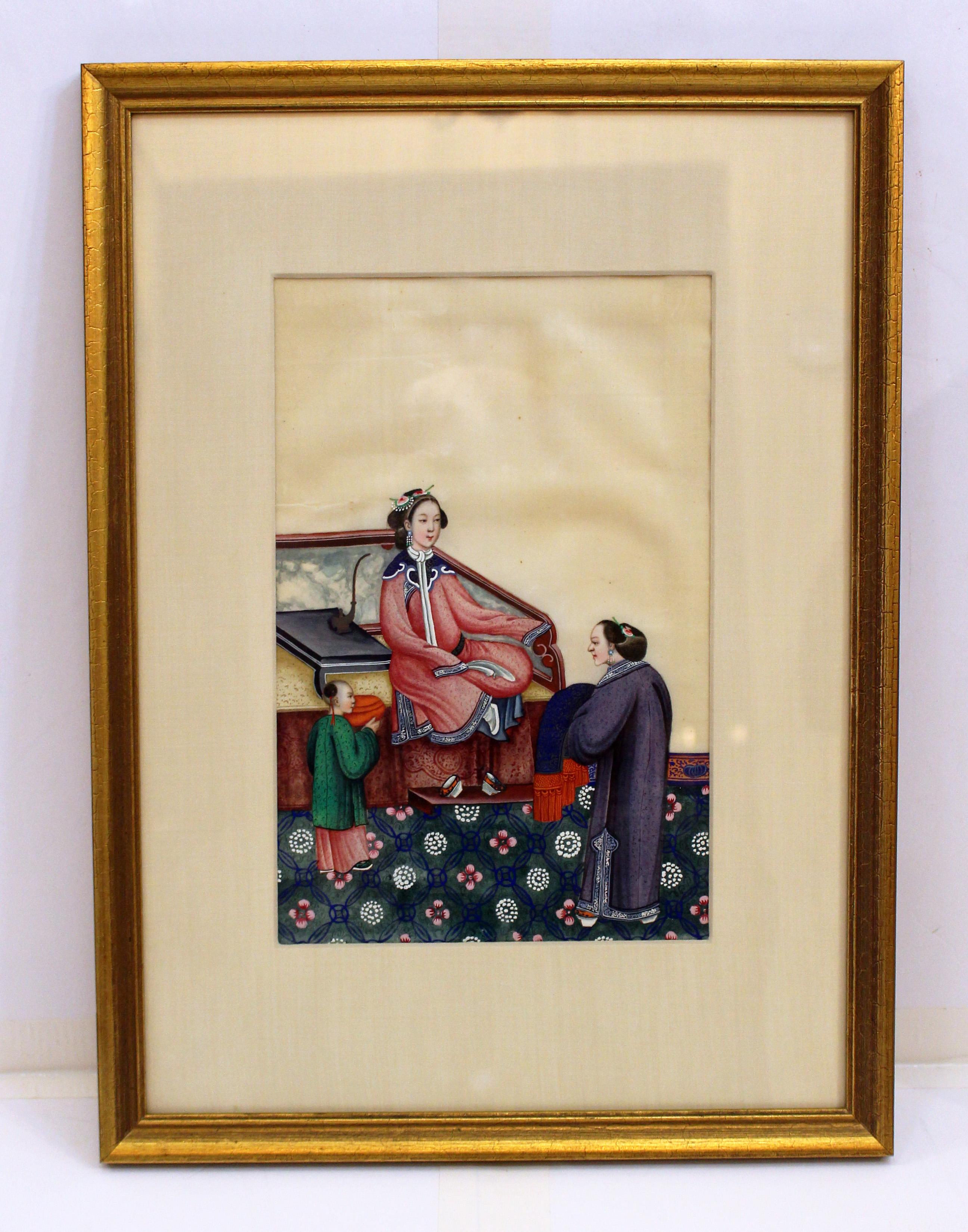 Mid-19th century Chinese portrait of a lady painted on rice or pith paper. Qing dynasty. Gouache watercolors creating a rich tapestry of colors of this lady at ease. Note how 3-dimensional things become. Her shoes are off, a cushion & throw are